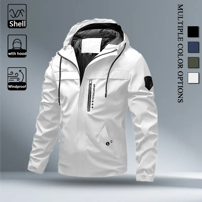 All Season Light Attached Hood Wind Jacket for Men, Multi Functional Zipper Pockets Drawstring Hood Full Zip Outerwear, Durable Wind Coat for Shopping Training Business Travel