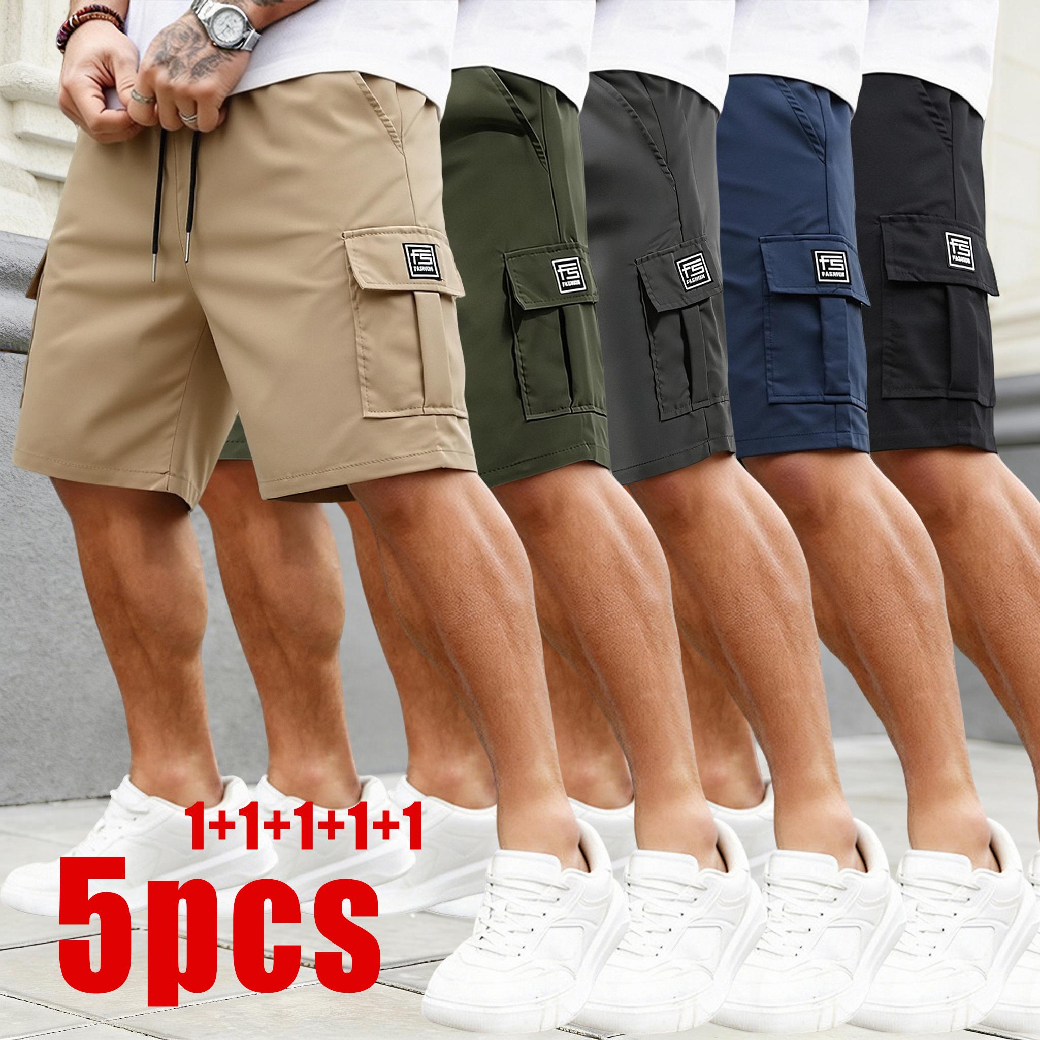 5-Pack Men’s Quick-Dry Cargo Shorts, Lightweight Multi-Pocket Casual Shorts with Elastic Drawstring Waist, Loose-Fit Work Shorts for Outdoor Hiking, Daily Commute & Streetwear Fashion, Men's Wear, Mid Waist