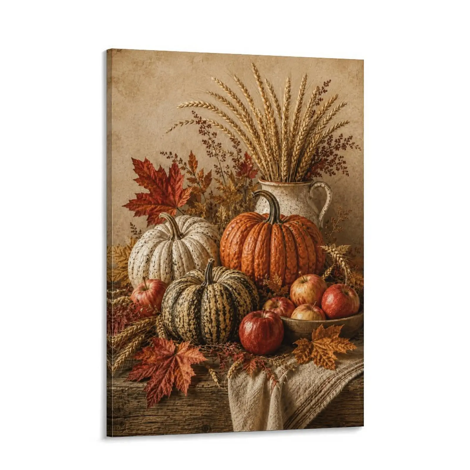 Autumn Pumpkin Wall Art, Fall Harvest Home Decor, Pumpkin Apple Wheat Still Life Print, Rustic Wooden Frame Decor for Kitchen Dining Room Living Room