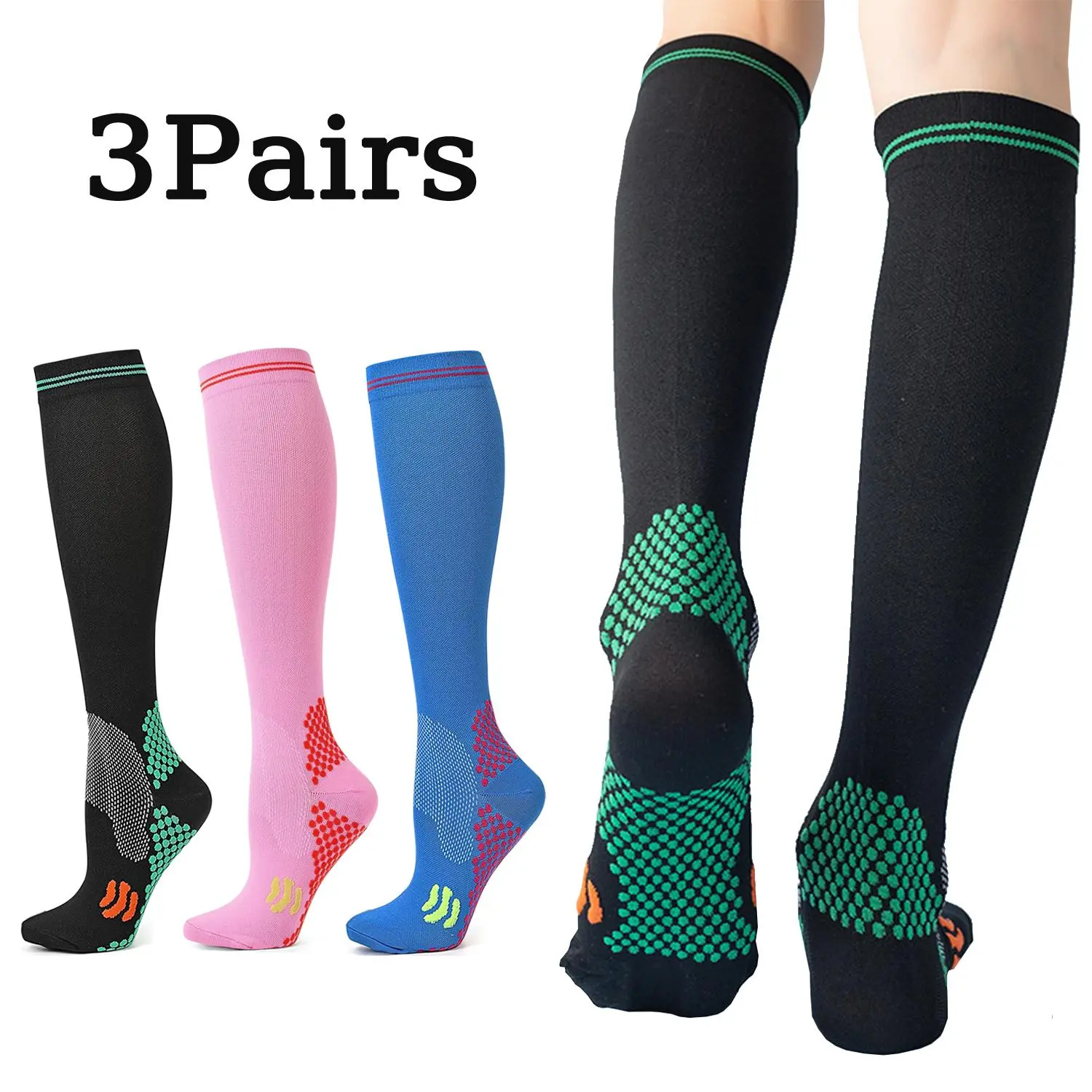 3 Pairs Unisex Knee-High Compression Socks, Moisture Wicking Breathable Fabric, All Seasons Outdoor Sport Socks for Running/Cycling, Biking, Breathable Fabric Socks