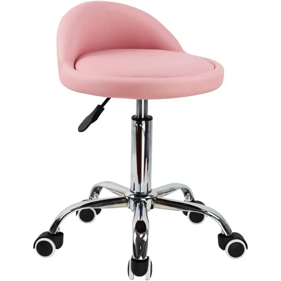 Pink PU Leather Round Shape Rolling Stool with Back Rest, Height-Adjustable Swivel, Wheels for Makeup Vanity, Drafting Work, SPA Tasks