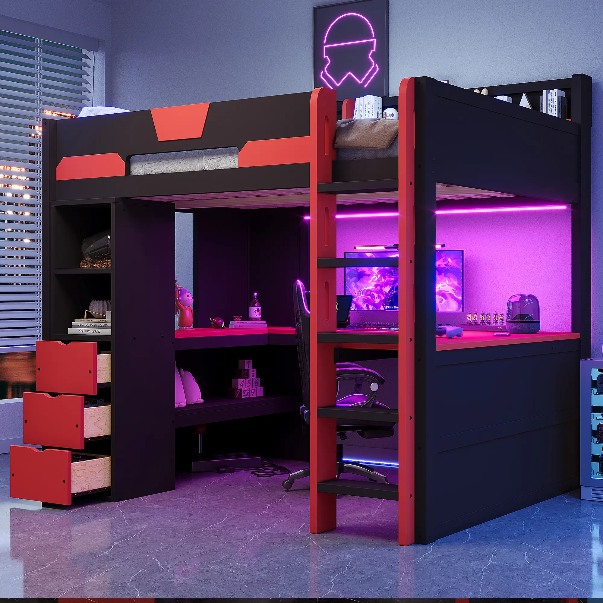 ARCH Full Size Wooden Gaming Loft Bed with U-Shaped Desk, RGB LED Lights, USB Ports, 3 Drawers, Storage Shelves, High Sleeper for Teens Adults, Black+Red, MDF Pine Plywood, Full Size Options, Black+Red Color Options, MDF/Pine/Plywood Material