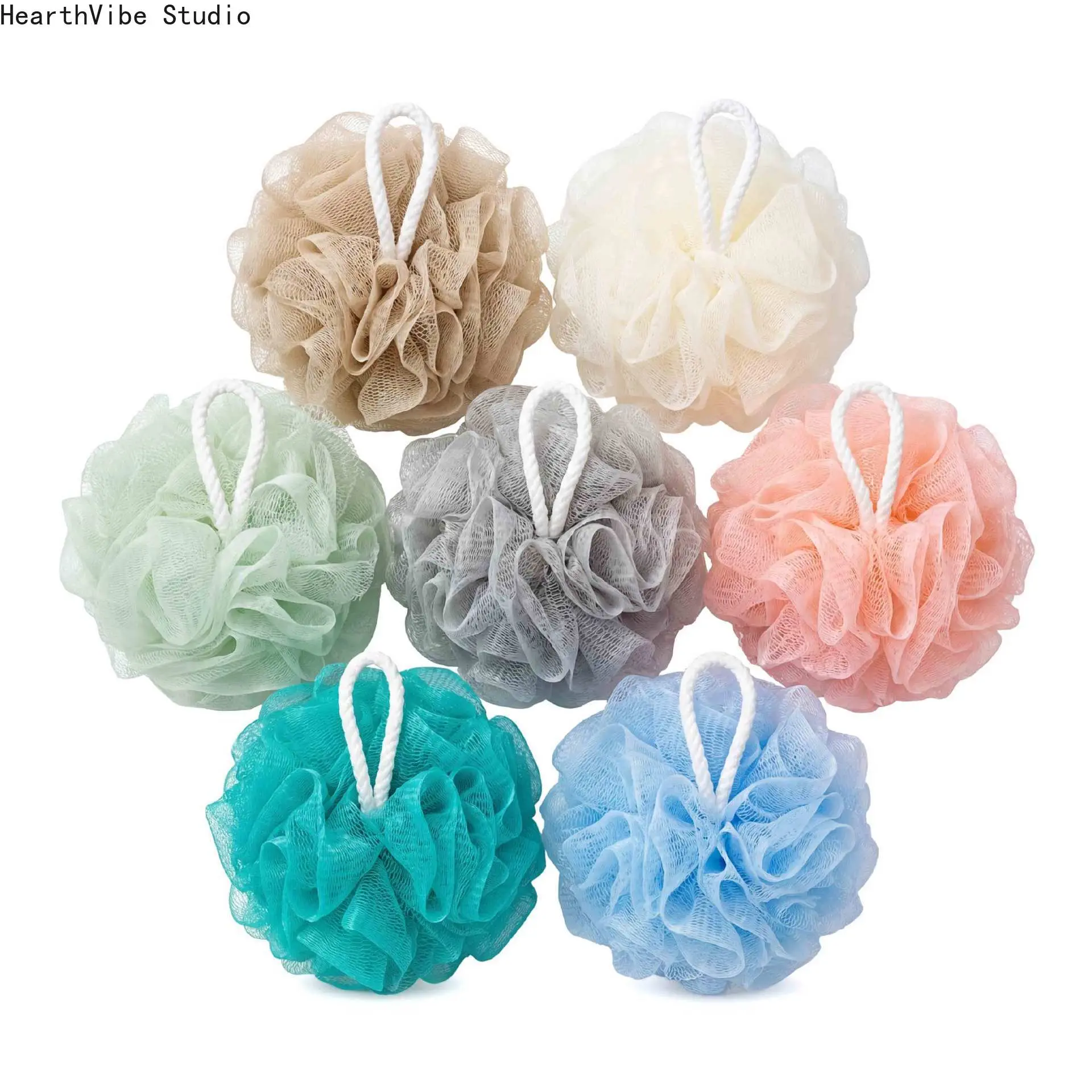 7 Pack Large Bath Loofah Sponge Soft Mesh Shower Pouf Body Scrubber Ball with Hanging Cotton Rope for Family Bathroom Spa, 7Pc, Hangable, Body Pouf, Mesh Sponge