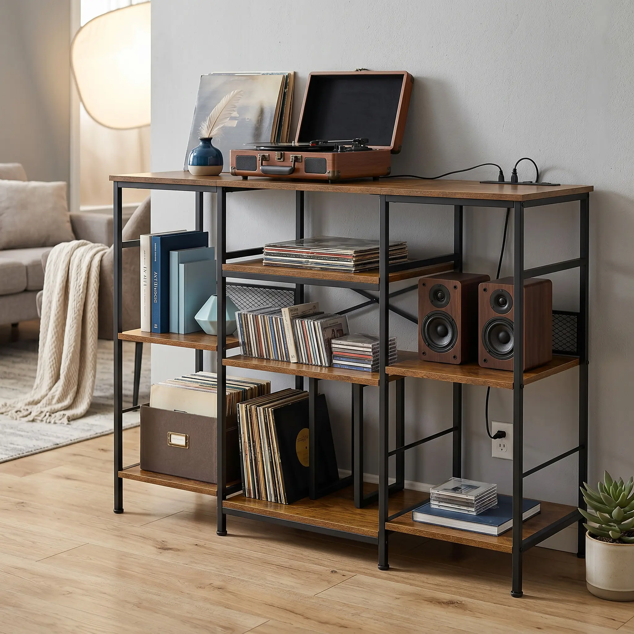 3-Tier Large Wooden CD Storage Shelf – Vertical Organizer for CDs, DVDs, Vinyl Records, Books, Games – Sturdy Media Display Rack