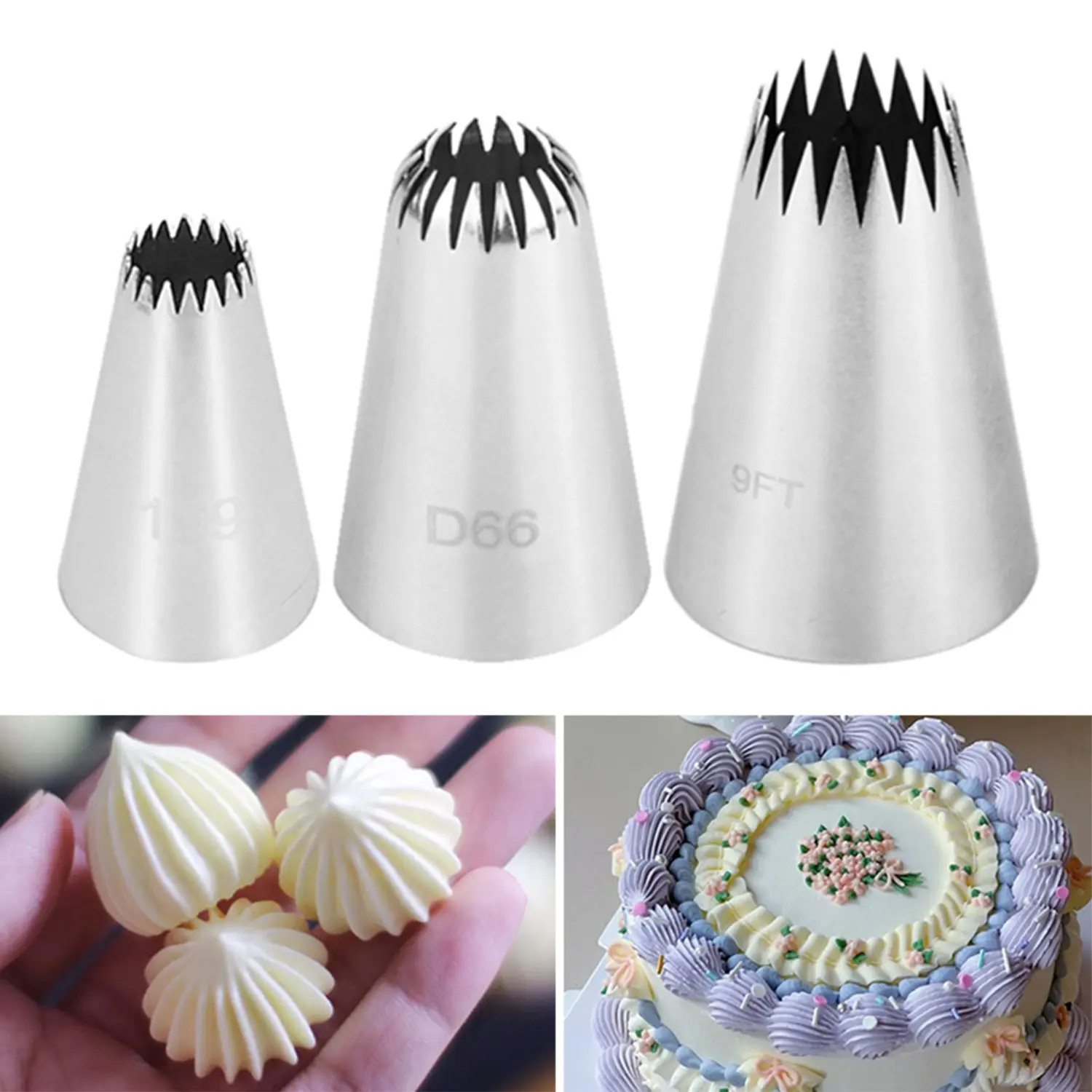 3-Piece 18-Tooth Star Piping Tips Set, Large Medium Small Stainless Steel, 10 Disposable Bags, Cake Cookie Cream Baking Decor Tool Kit