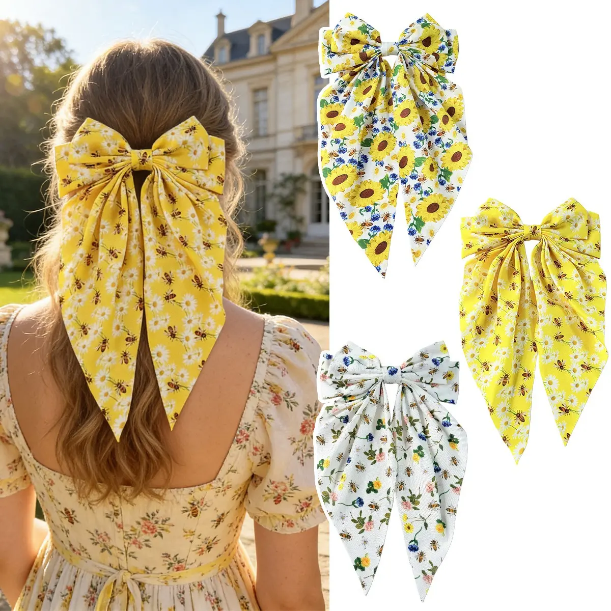 Floral Bee Bow Hair Clip for Women, Daisy and Sunflower Print Spring Hair Accessories, Cute Elegant Flower Hair Bow for Resort, Vacation, Beach and Daily Wear Styling