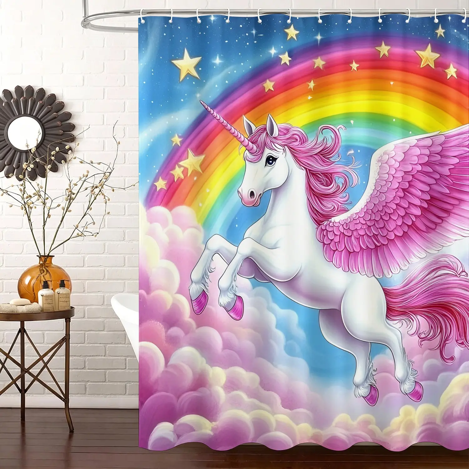 1pcs Magical Rainbow Unicorn Print Removable Shower Curtain, Whimsical for Dreamy Home Style - Enhance Bathing Experience with Fantasy Animal Pattern & Vibrant Pastel Colors - Perfect for Kids Bathroom Transformation on TikTok