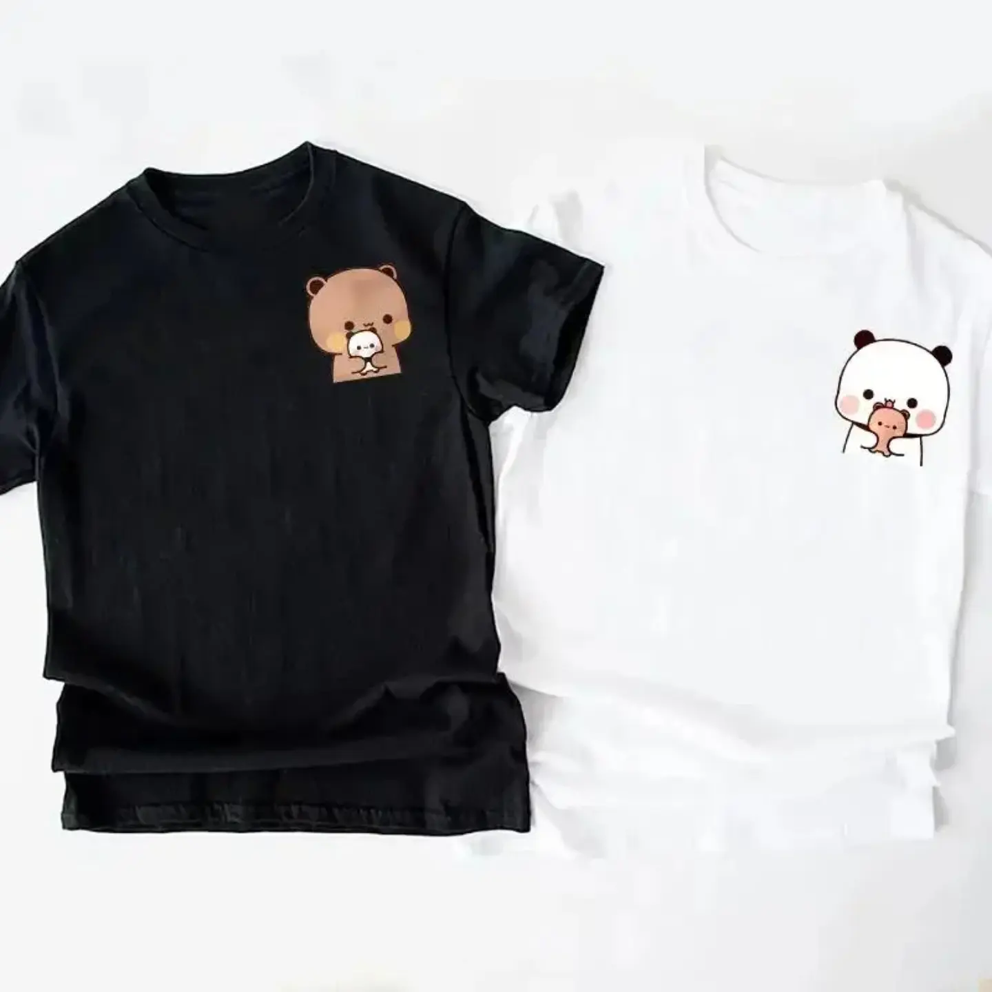 Women's Cotton Oversized Shortsleeve T-Shirt, Panda Bear Bubu Dudu & Their Babies Funny Couple Tee, Everyday Casual Sports Apparel, Fabric, Printed, Unisex, Tops, Clothes, Round Neck, Funny Print, Bears Pattern, Classic Fit, Standard Sizes, Custom Made, H