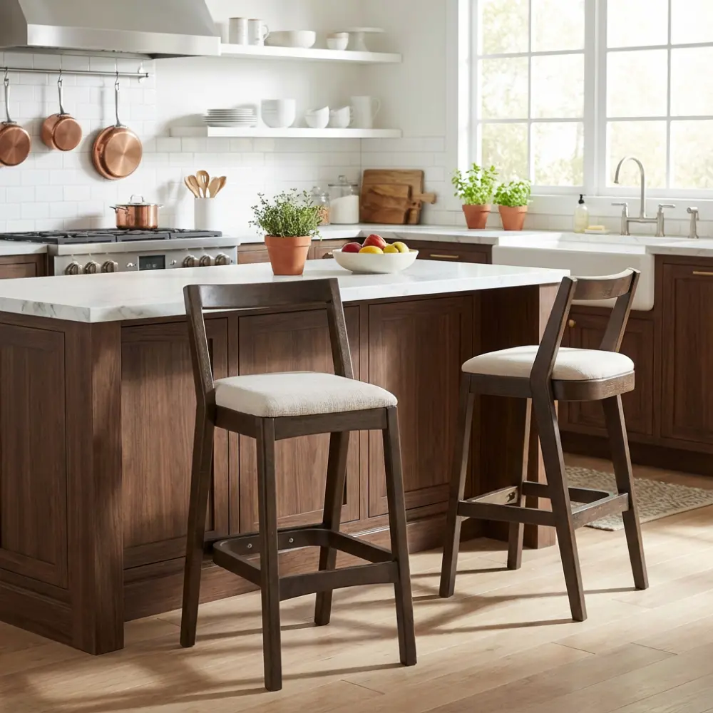 Jasper Set of 2 Indoor Bar Stools - Solid Rubberwood Counter Height Chairs with Dark Brown Finish, Beige Upholstered Seat, Modern Farmhouse Minimalist Home Decor for Kitchen Island, Home Bar