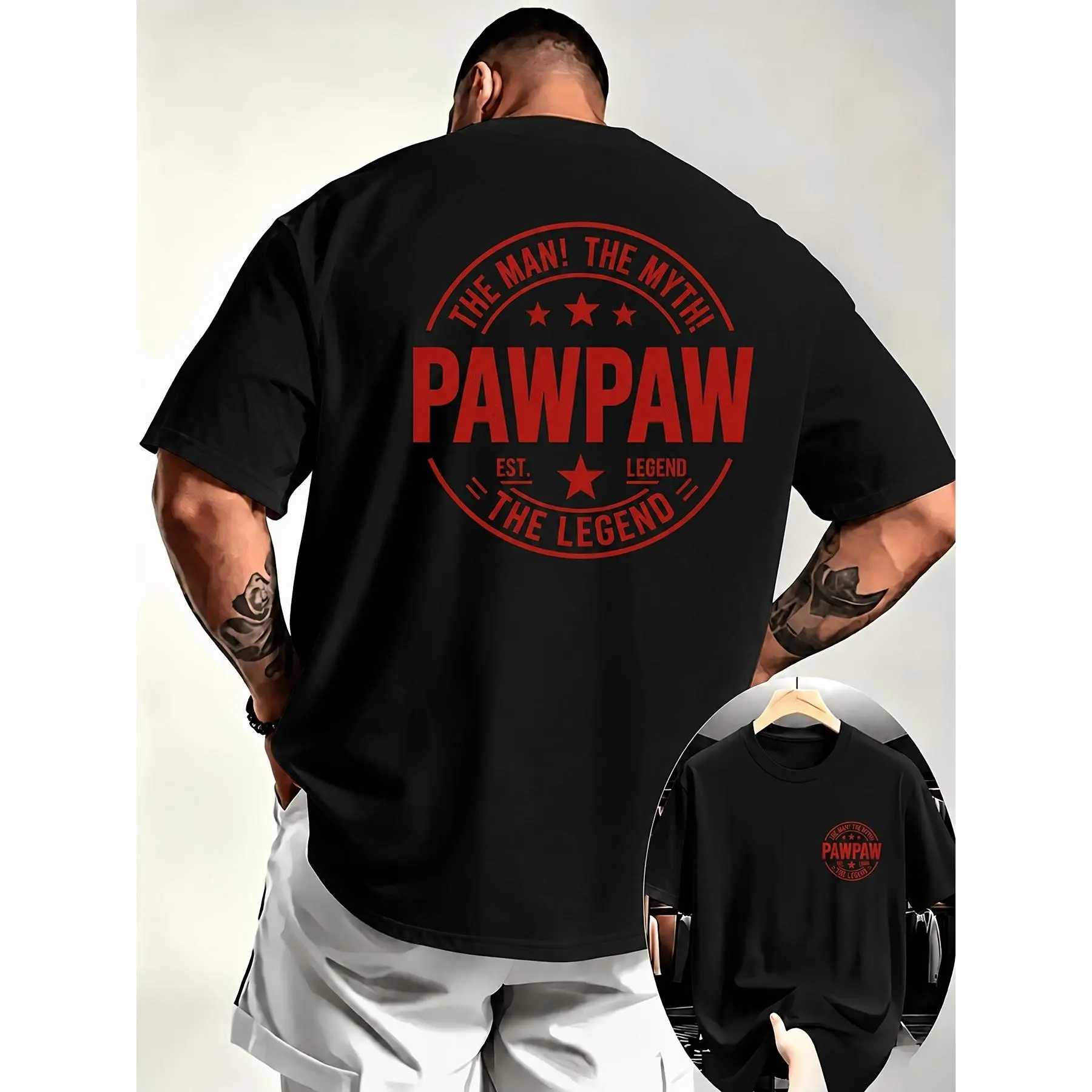 Men'S Black T-Shirt, Featuring The Striking Red 'PAWPAW' And 'THE MAN' THE MYTH? THE LEGEND' Pattern Casual Crew Neck T-Shirt, Perfect for Making a Statement,