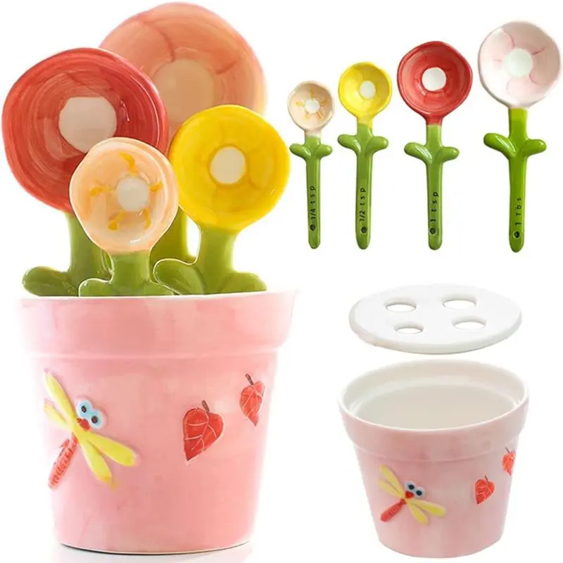 Flower Measuring Spoons Set in Pot Unique Baking Gifts Ceramic Cute Measuring Cups and Spoons with Holder for Dry Wet Ingredients Dishwasher Safe Pink Kitchen Measuring Utensils