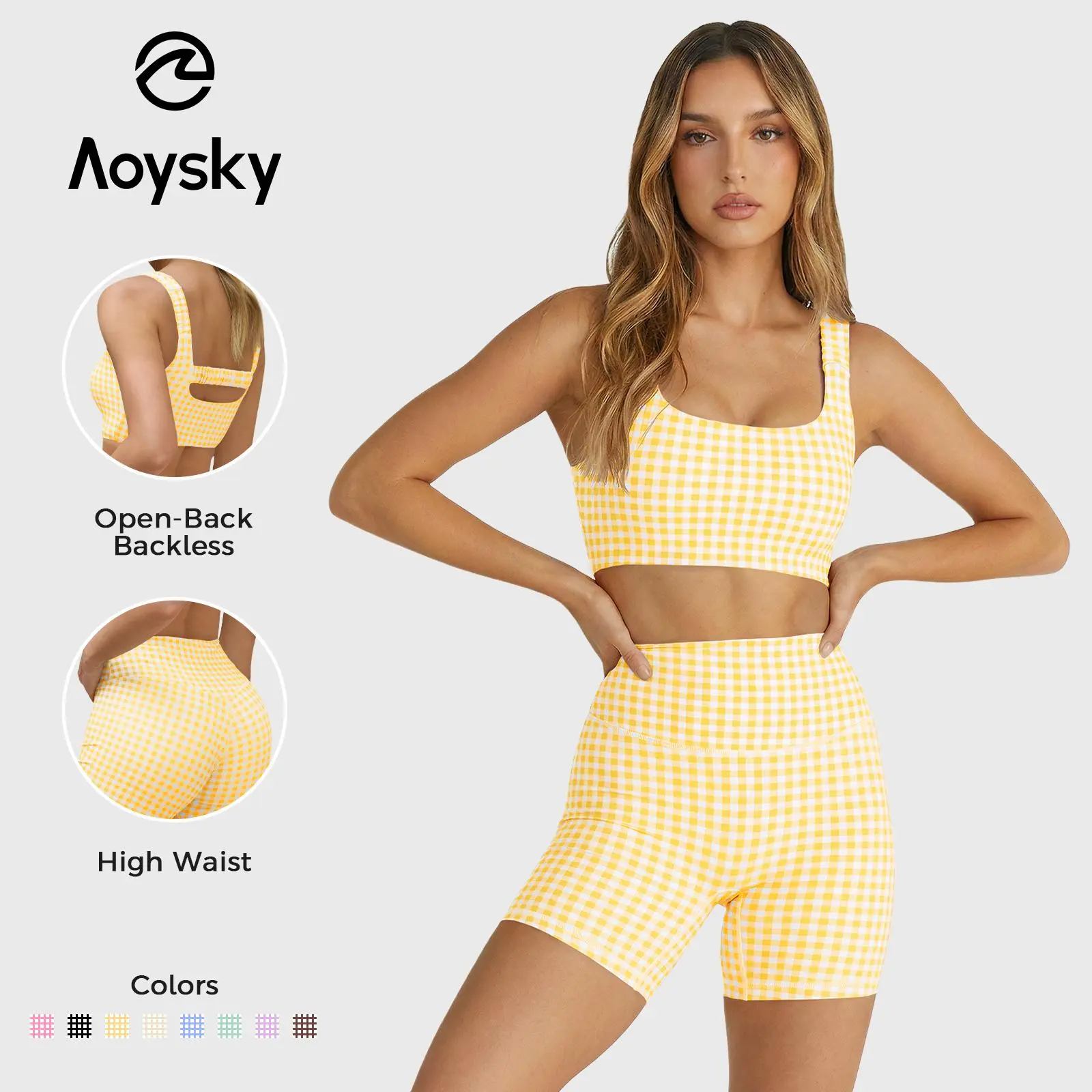 Aoysky Women's 2-Piece Gingham Gym Matching Set - Padded Open Back Crop Tank Top & High Waist Seamless Sports Shorts, Stretchy Athleisure Suit for Yoga, Women's Clothes (S-XXL),summeroutfits,vacationoutfits,bathingsuitwomenset,beachoutfits Athletic Sets C