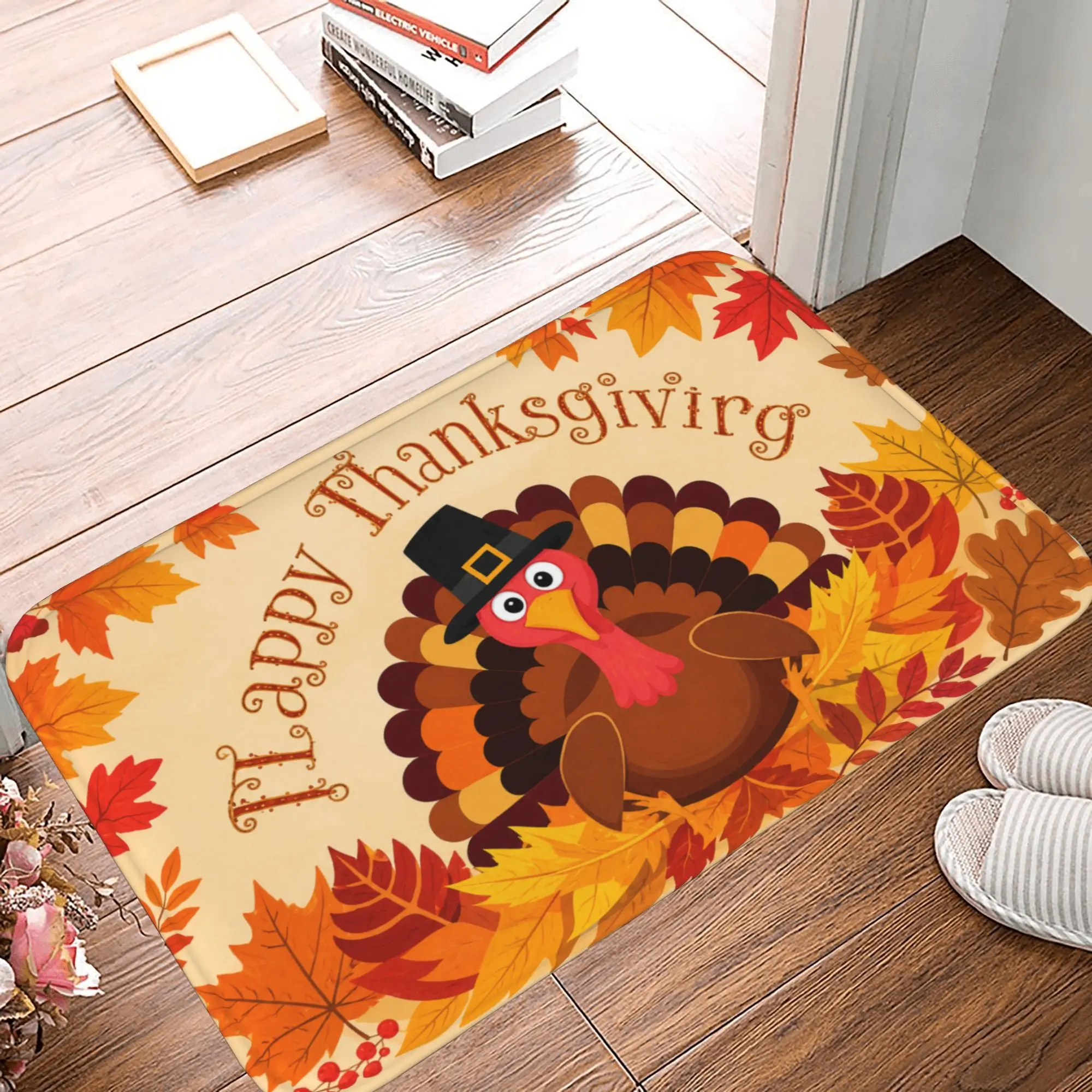 Happy Thanksgiving Turkey Door Mat, Autumn Maple Leaves Flannel Indoor Entrance Rug, Non-Slip Washable Low-Profile Floor Mat for Home Kitchen Decor,Christmas,Santa