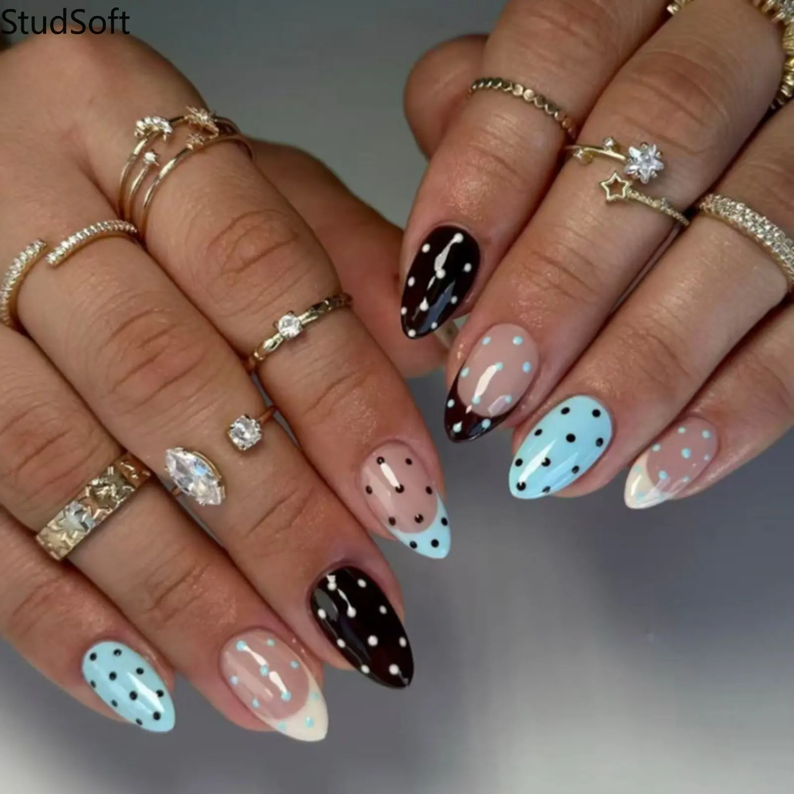 24PCS French Tip Press-On Nails - Light Blue & Black, Full Cover, Medium Size Almond Shape, Polka Dot Mix Match Artificial Nails for Daily Wear, Retro Style (Sports & Outdoor Accessory Complement)