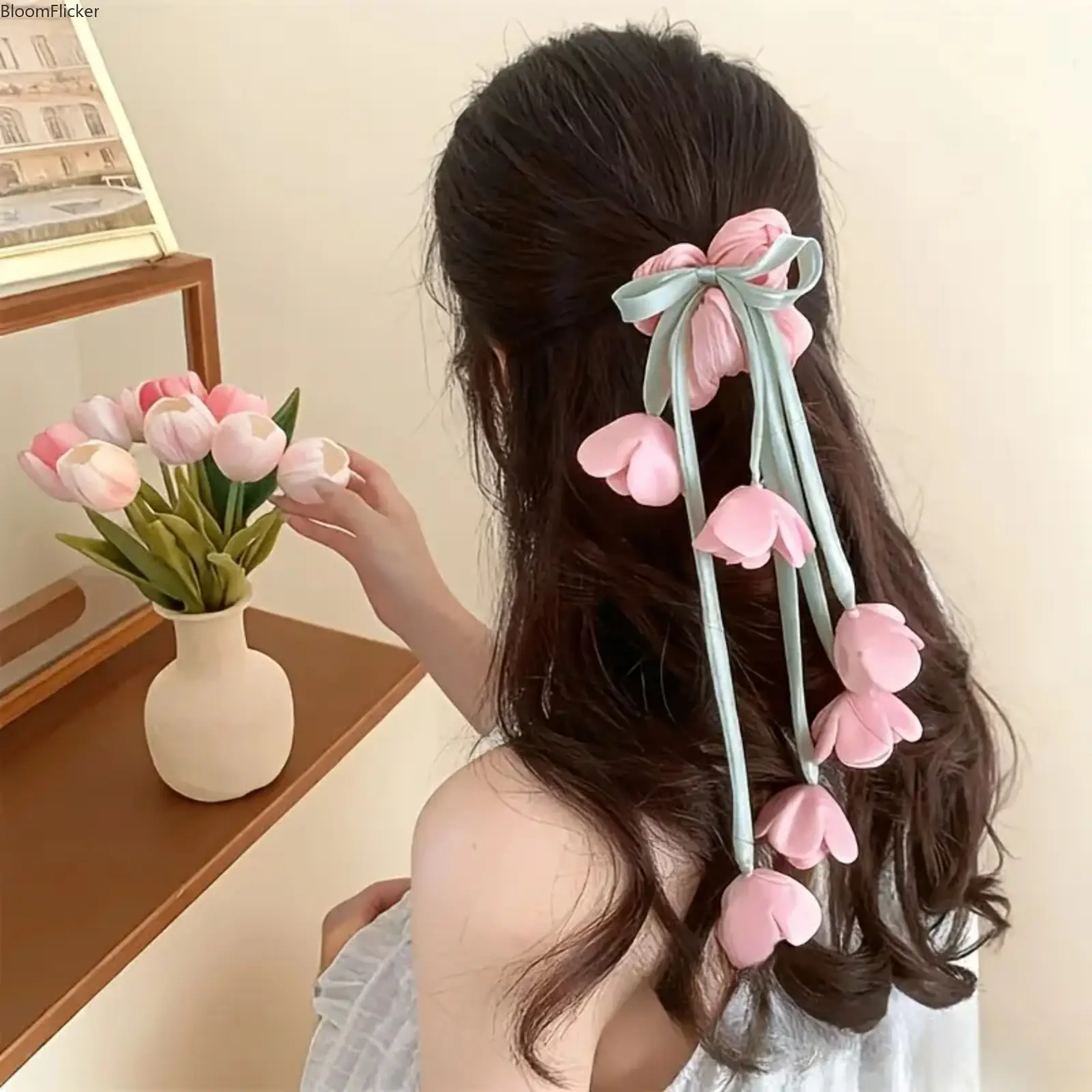 Lily of the Valley Scrunchie With Long Tassel Streamers, Elegant Airy Hair Accessory, Soft Elastic Hair Tie For Ponytail Styling, Delicate Premium Aesthetic Daily Hair Ornament