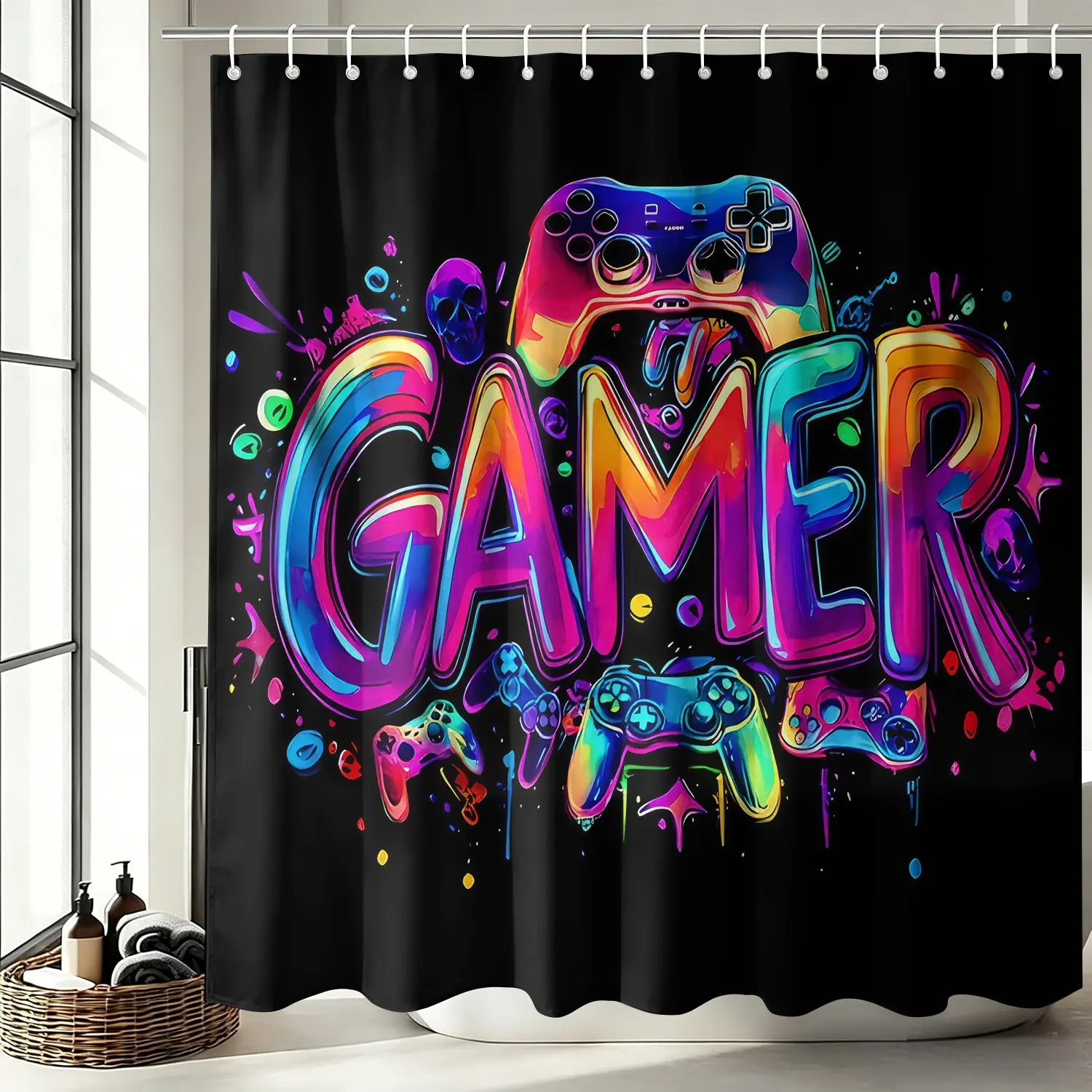 1Pc Neon Graffiti Gamer Video Game Controller Waterproof Shower Curtain, Colorful Splash Art Gaming Themed Bathroom Decor with Hooks, Quick Dry Machine Washable Cyberpunk Street Style Bath Accessory 72x72Inch