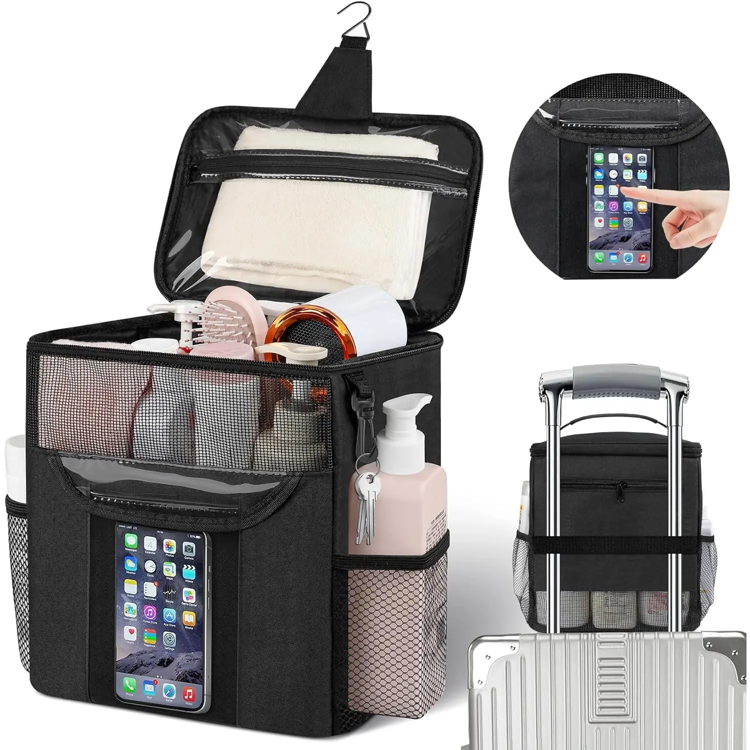 Shower Caddy Portable for Dorm Room Essentials, Hanging Shower Bag for College, Large Capacity Mesh Shower Caddy for Bath Essentials (Black)