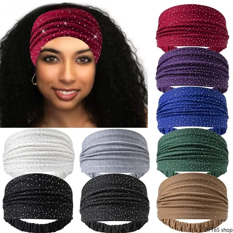 Women's Solid Color Hot Fix Rhinestone Wide Elastic Headband - Smooth Breathable Stretch Fabric, Shiny Crystal Embellishment, Non Slip Grip, Loose Silhouette - Fashion Decorative Hair Accessory for Daily Sports Minimalist DIY Bag Accessory