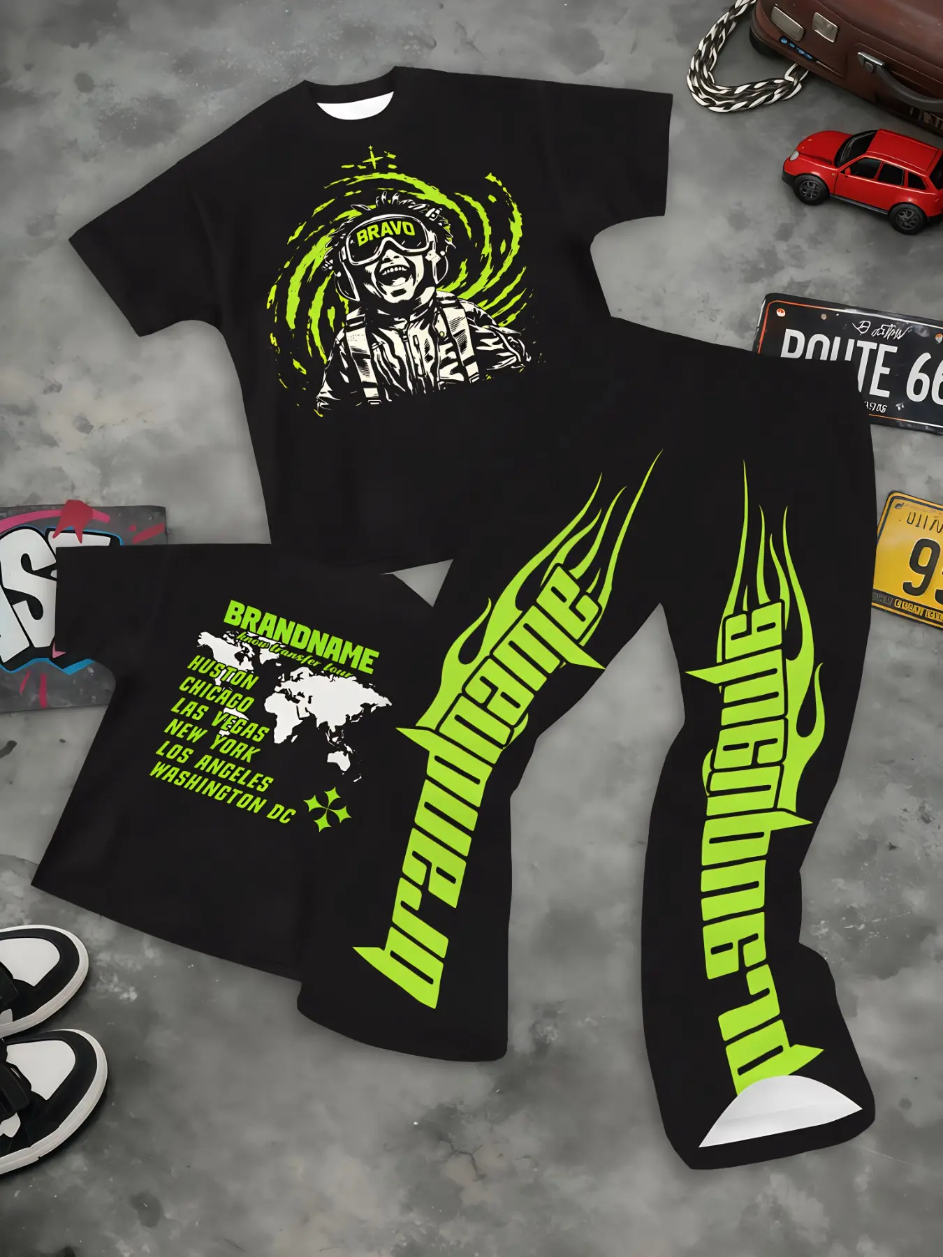 Neon Green BRAVO Racer Portrait World Map Flame Letter Print Men Short Sleeve Curved Pants Set Soft Stretchy Oversized Loose 2 Piece Streetwear Outfit Night Club Daily Viral Techwear Hip Hop Men Fashion
