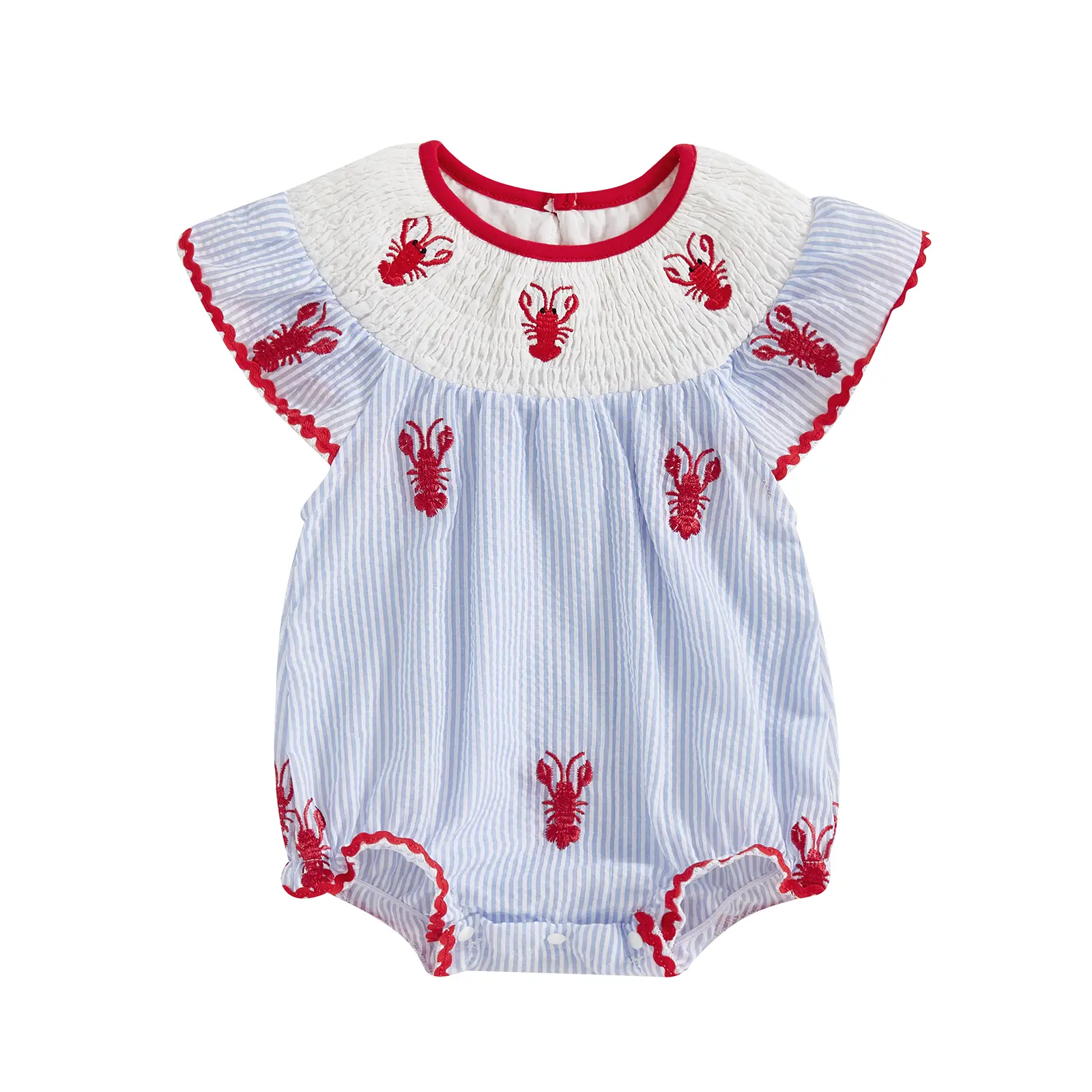 Newborn Baby Girl Crawfish Smocked Bubble Romper Lobster Ruffle Short Sleeve Bodysuit Jumpsuit Summer Outfits