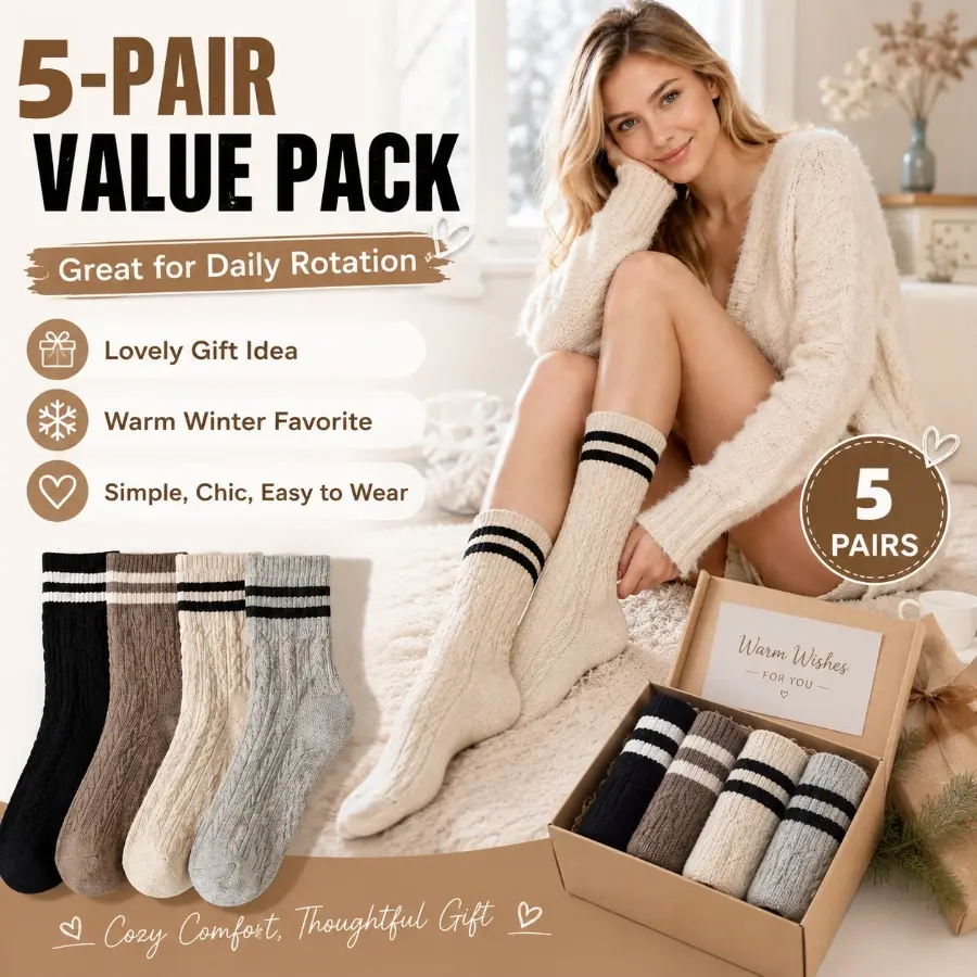 5 Pairs Cable Knit Striped Crew Socks for Women, Warm Retro Mid Calf Socks, Cozy Casual Winter Daily Fashion Socks Gift Set