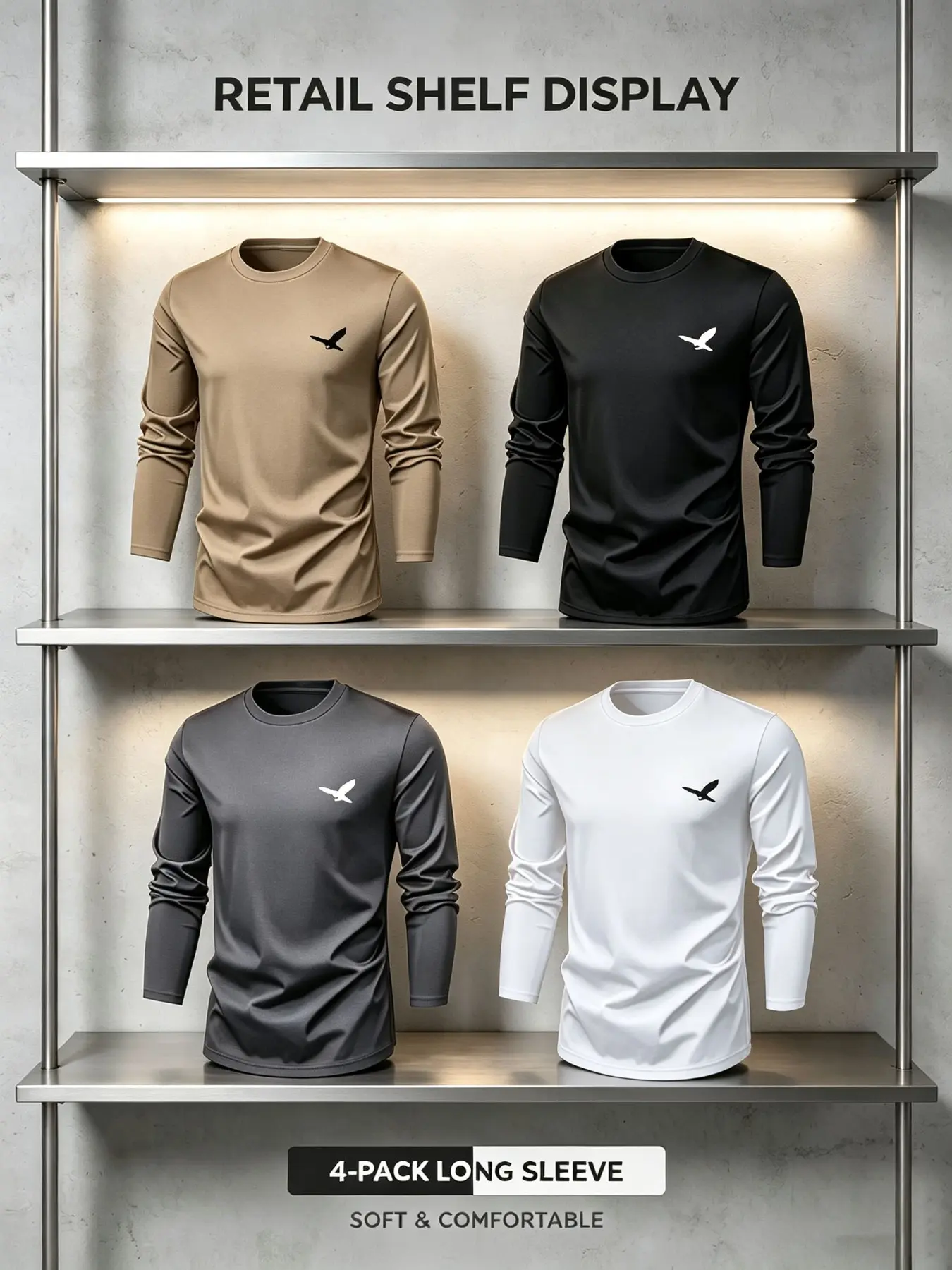 4-Pack Men's Round Neck Long Sleeve T-Shirts, Casual Sports Knit Top, Elastic, Eagle Pattern, Breathable, Lightweight, Multi-Color, Gym Wear