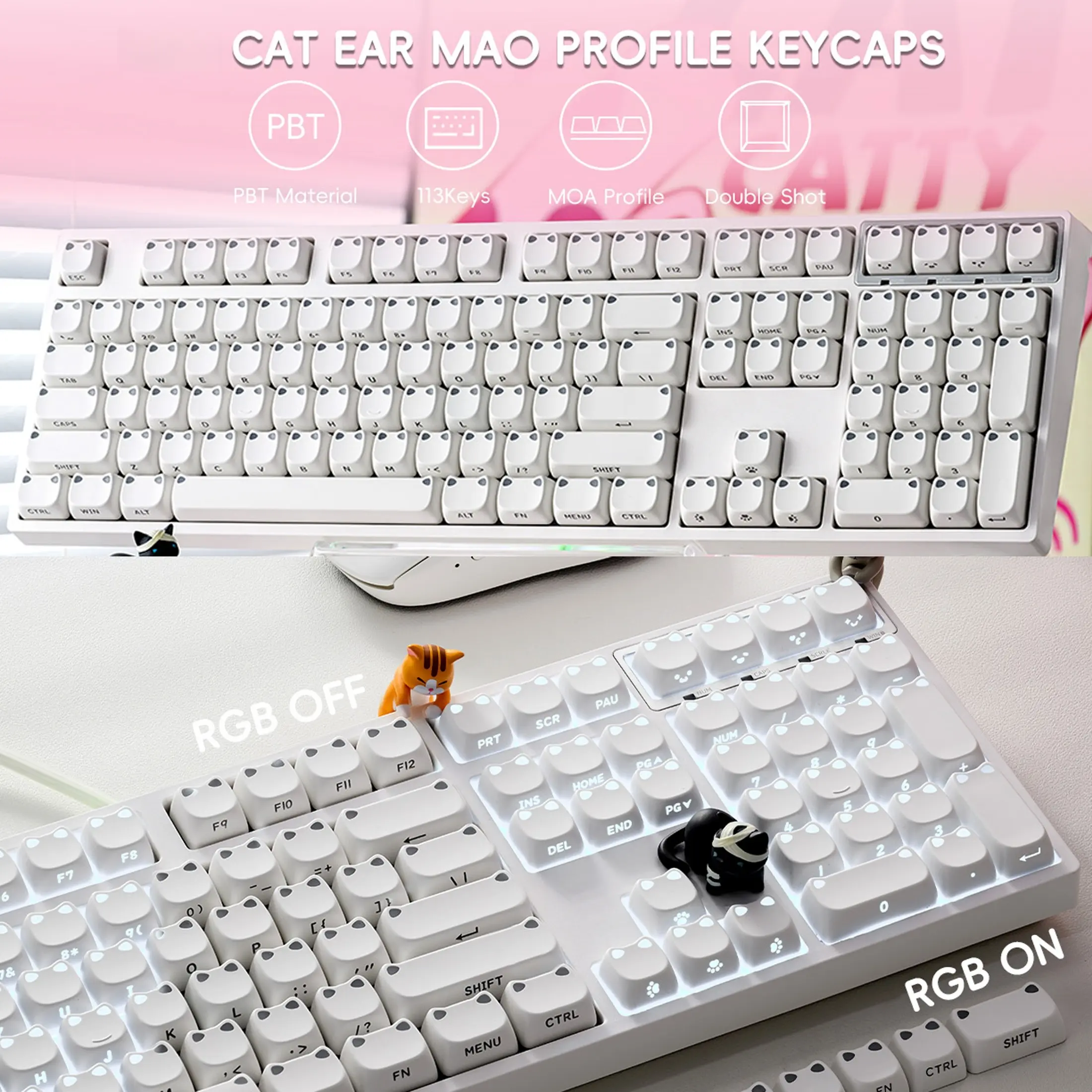 Cat Ear Keycaps Compatible for MX Switch, PBT Dye Sublimation 113-Key Cat-Shaped Suitable for 61/64/68/87/96/104/108 Keyboards, MAO Profile for QWERTY Layout, Computer for PC Gaming & Typing