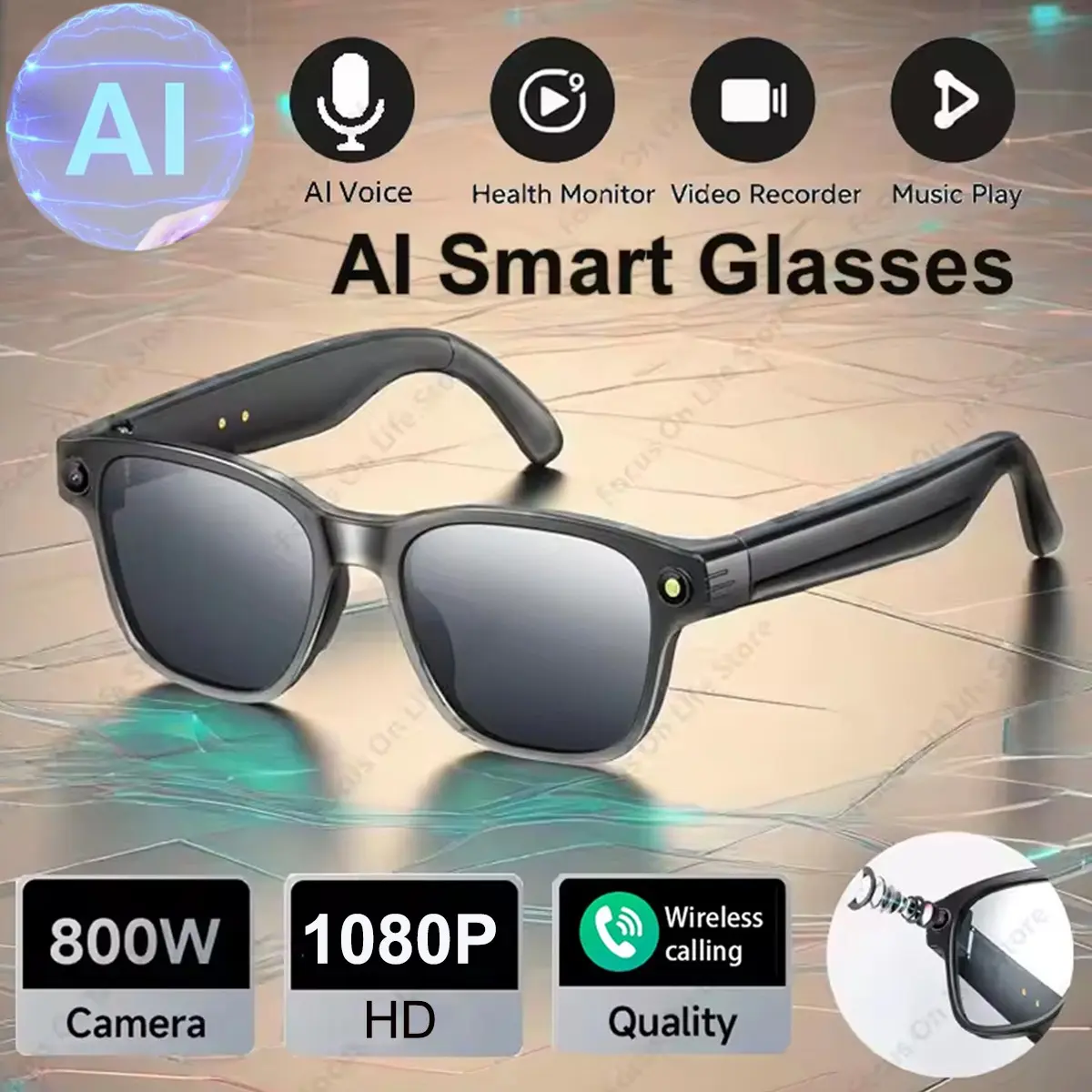 Smart AI Glasses with Camera, 800W Cameras & Photo Capture, Real-Time Translation, Recording Glasses with AI Assistant, Open-Ear Audio, Object Recognition, Bluetooth, for Travel Business