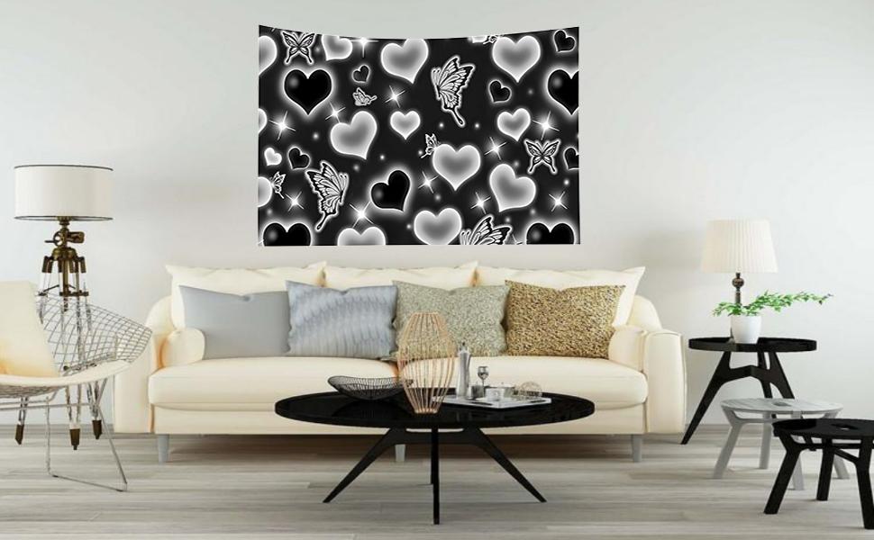 Cute Black and White Heart Tapestry Fantasy White Butterfly Aesthetic Tapestry Hippie 2000s Y2K Teen Girls Tapestries Wall Hanging for Women Nursery Bedroom Living Room Bedroom College Dorm