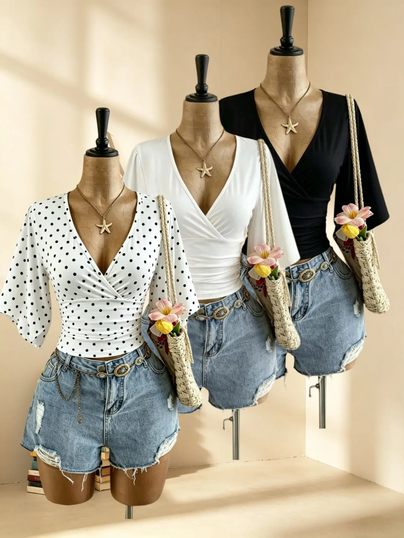 French V-Neck Cross Wrap Short Sleeve T-Shirt for Women, Waist Cinch Pleated Polka Dot Top, Sexy Flutter Sleeve Underwear Set of Three