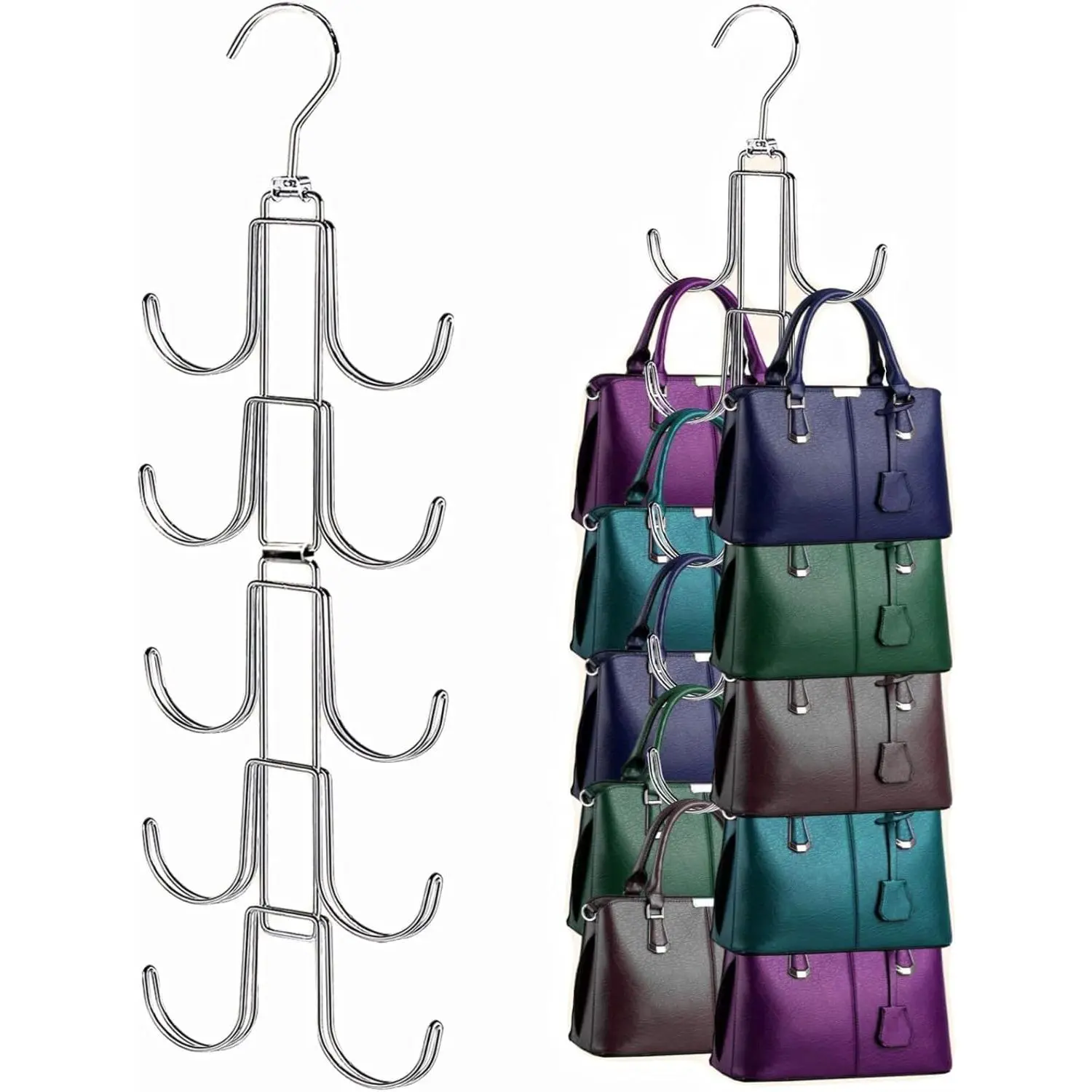 Silver Metal Foldable Purse Hook Organizer for Closet - 360° Rotation Multi-Hook Hanger with 10 Large Holders, Collapsible Space Saving Hangers for Handbags, Belts - 1 Pack Home Storage Solution, Purse Organizer