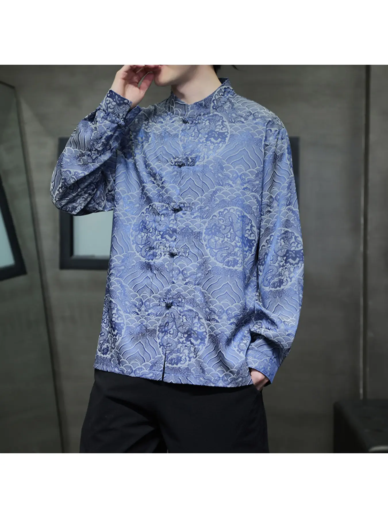 1 PC Men's Long-Sleeved Shirt, Ancient Style Spring Coat, Dark Embroidery Dragon Pattern Silk Collar Outfit, Chinese Style Brooch Tang Suit, Hanfu, Clothes, suitable for daily commuting and formal occasions