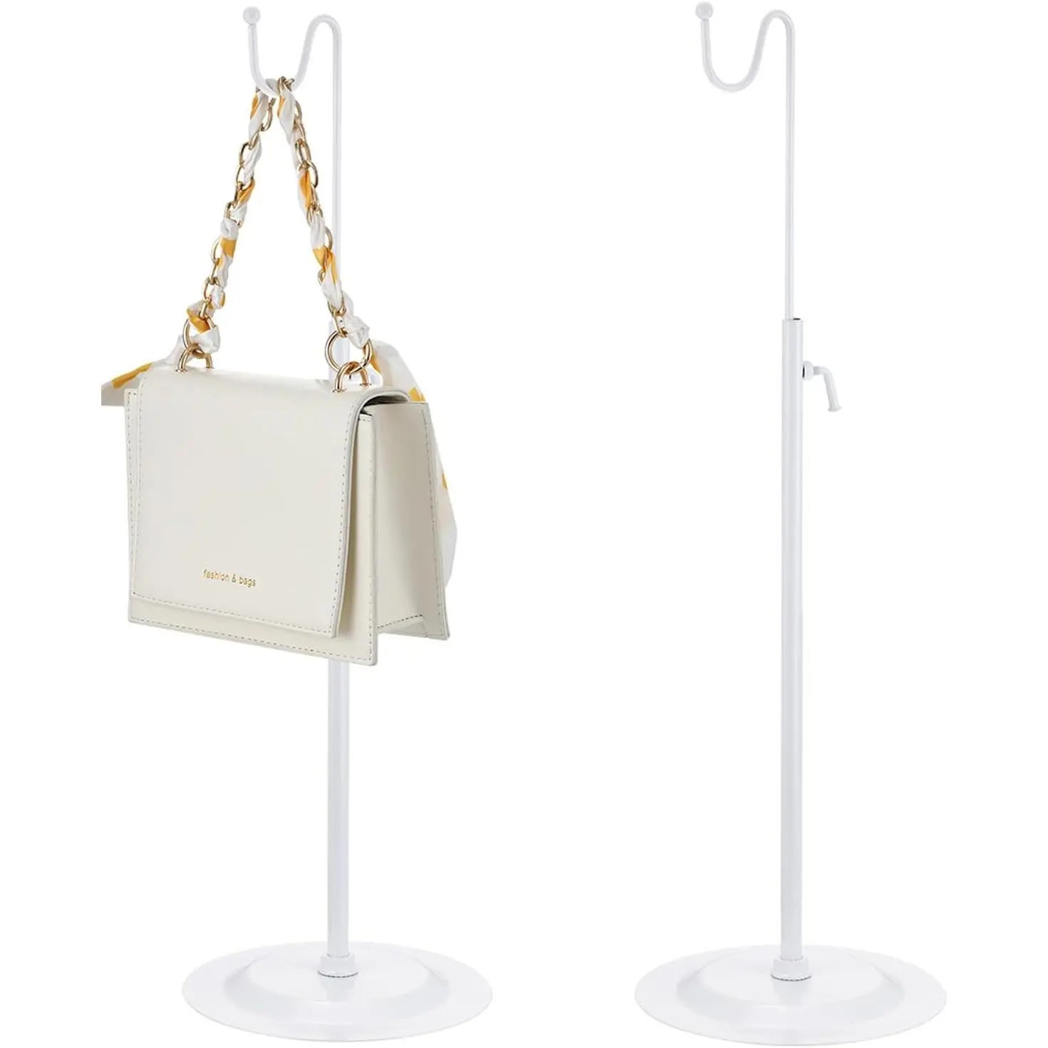 Women's 2-Pcs Adjustable Height Metal Handbag Holder Display Stands with Hook for Home Boutique Store Counter Retail (White)
