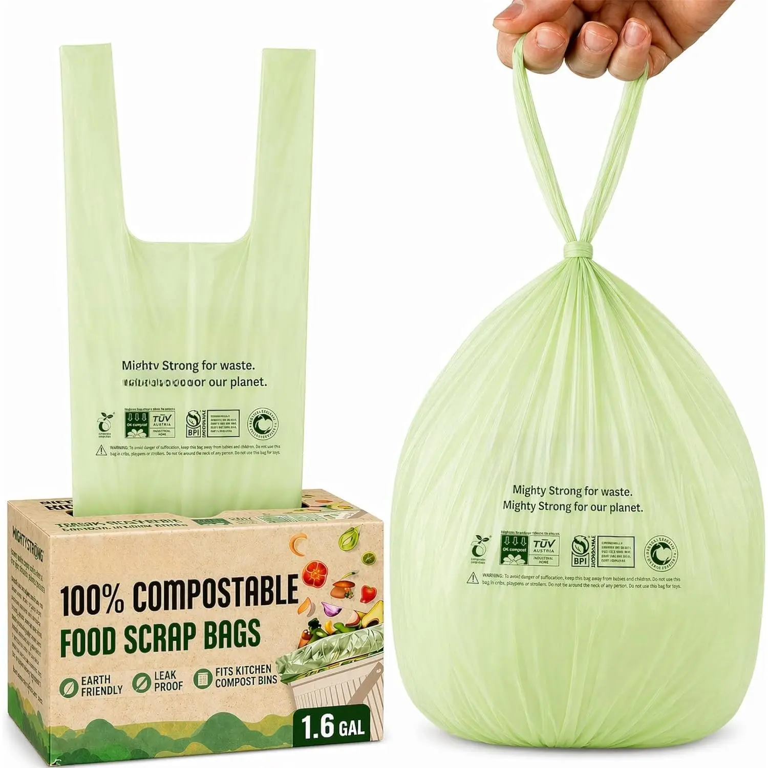 Compost Bags with Handles - 50 count 1.6 Gallon/6 Liter Compostable Trash Bags, Small Trash Bags, Certified By BPI And OK Compost,  Scrap  Bags