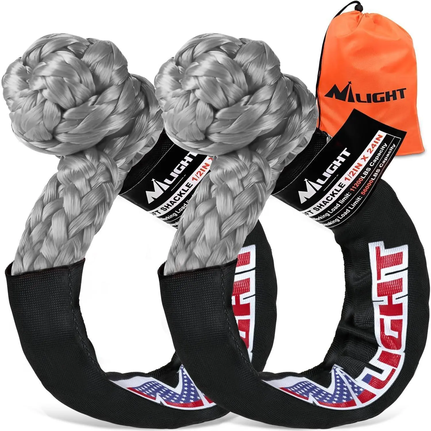 Nilight 2PCS Heavy-Duty Synthetic Rope Shackles Set, 1/2 in x 24 in, 56000 LBS Breaking Strength, Extra Sleeves Included, Tool-Free Secure Load Off-Road Towing Escape Tool (Gray)