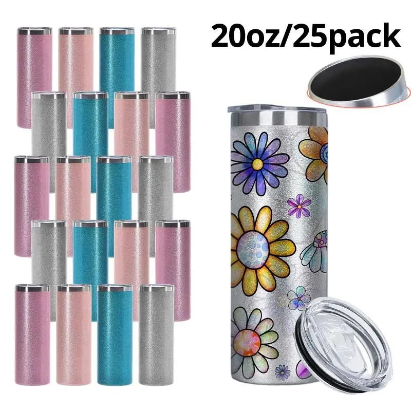 25pcs 20oz Sublimation-Ready Rough Glitter Stainless Steel Tumblers with Silver Rim, 4-Color Mixed, Leak-Proof, Vacuum Insulated Travel Drinkware, Durable Portable Water Bottles for Home, Gifts304 Stainless Steel Tumbler