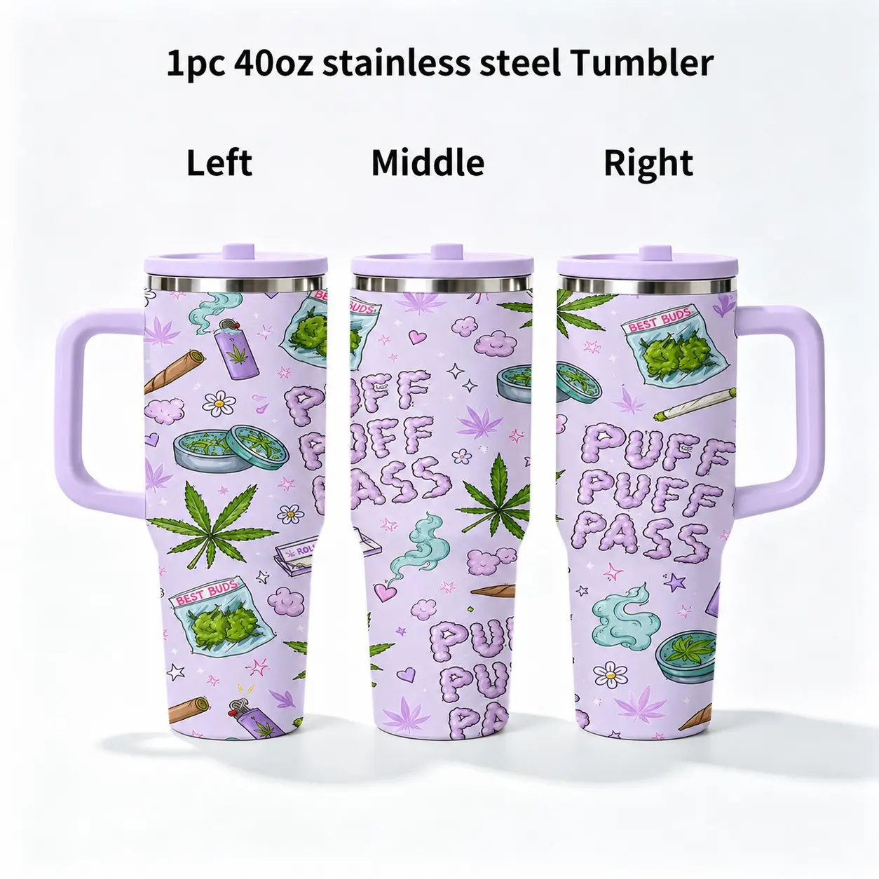 1PC 40oz Purple Herbal Leaf Puff Puff Pass Pattern Stainless Steel Insulated Tumbler with Handle & Leak-Proof Lid, Double Wall Vacuum Travel Mug, Hot 12H Cold 24H, Large Capacity Cup for Men and Women, Birthday 420 Theme Gift, Vacuum Leakproof Tumbler