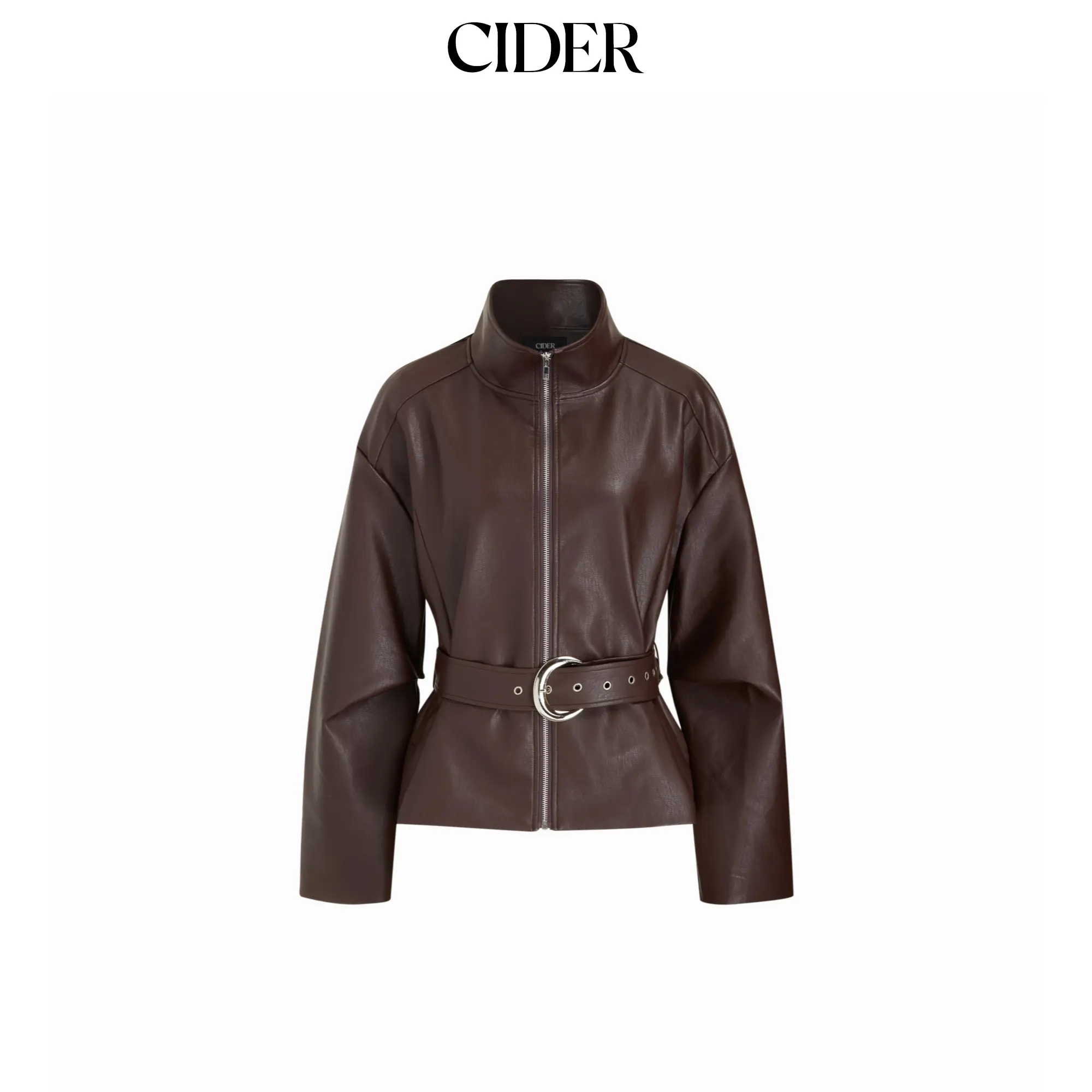 Cider Faux Leather Stand Collar Zip Through Jacket With Belt SohoChic