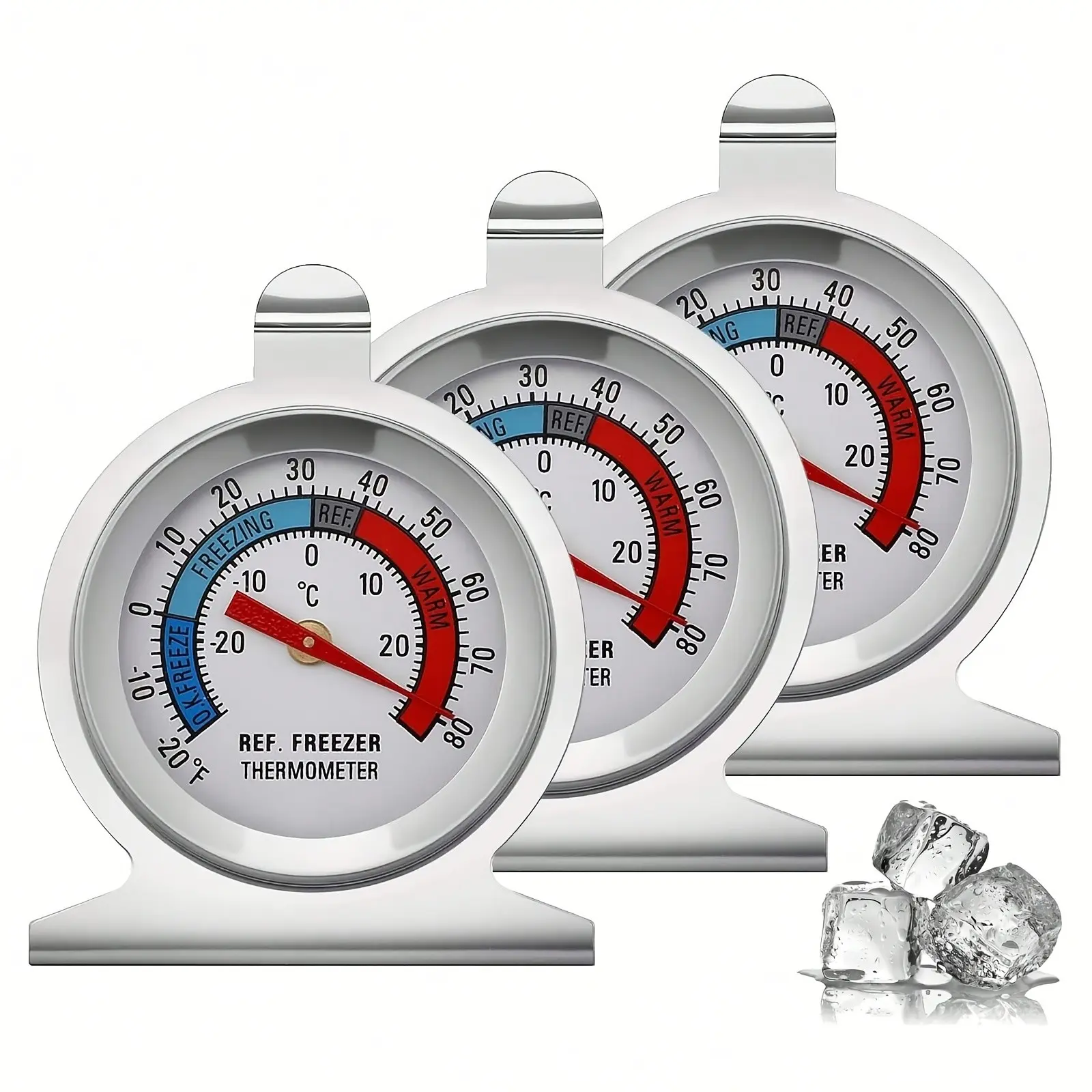 Refrigerator Thermometer (-20~80°f), Stainless Steel Freezer Thermometer, Analog, Kitchen Use, Refrigeration, Freezing, 4 Color Ranges, Hook Base