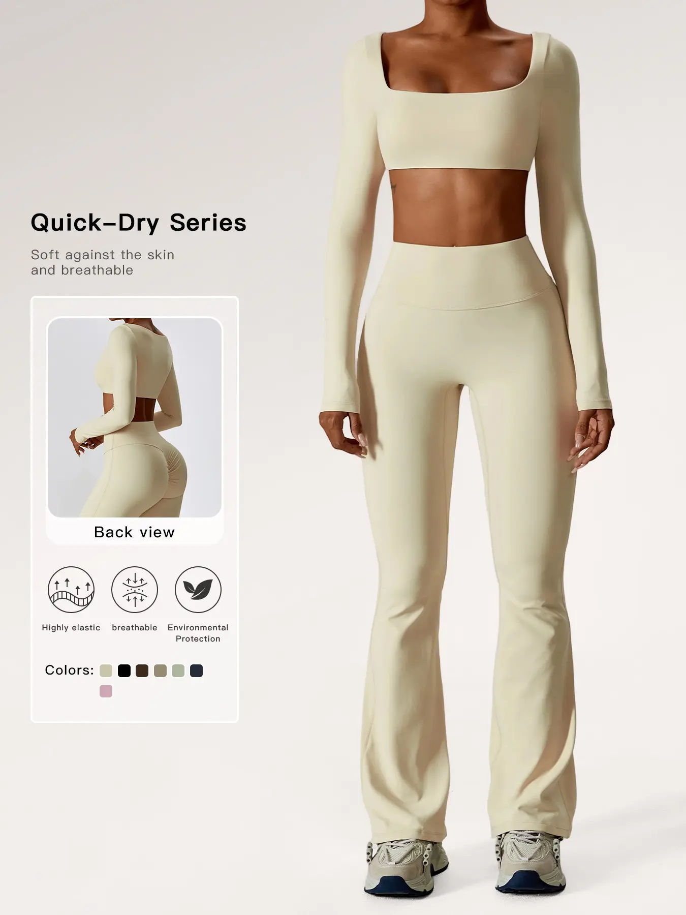 Women's Solid Square Neck Crop Top & High Waist Flare Leg Pants Tracksuit Set, Sporty Comfy Breathable Long Sleeve Cropped Top & Bell Bottom Trousers Two/Four-piece Outfits for Yoga Gym Workout, Ladies' Clothes for All Seasons, Gym Wear, Matching Gym Set