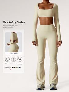 women's solid square neck crop top & high waist flared yoga pants tracksuit set, sporty comfy breathable long sleeve cropped top & bell bottom trousers for indoor outdoor, workout clothes women, workout summer clothes