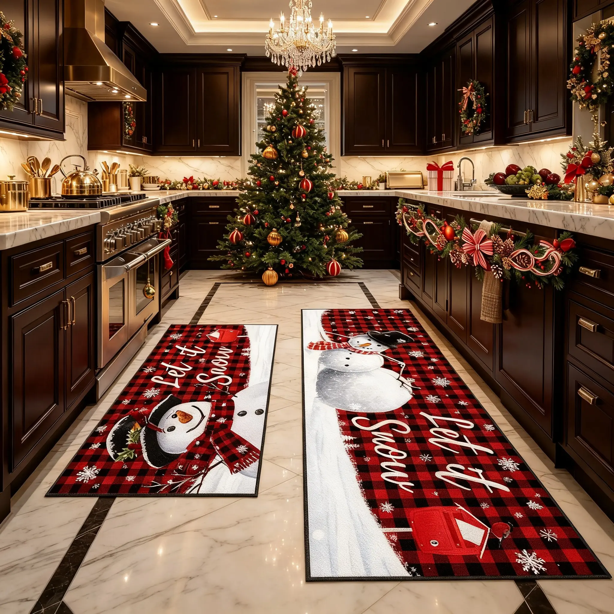 Winter Christmas Red Black Checkered Snowman Kitchen Rug, Single Rug & 2-Piece Set, Let It Snow Holiday Rectangular Floor Mat, Soft Non-Slip Machine Washable Carpet, All-Scene Home Decor for Kitchen Living Room Bedroom Study Bathroom Hallway