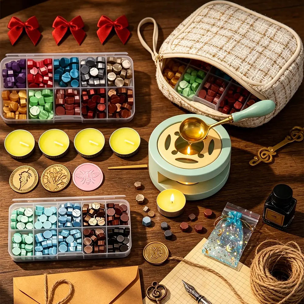 Vintage Portable Wax Seal Kit, Tweed Handbag, Macaron Mixed Wax Beads, Bee Flower Copper Stamp Tool, Letter Card Gift Packaging Set, Craft