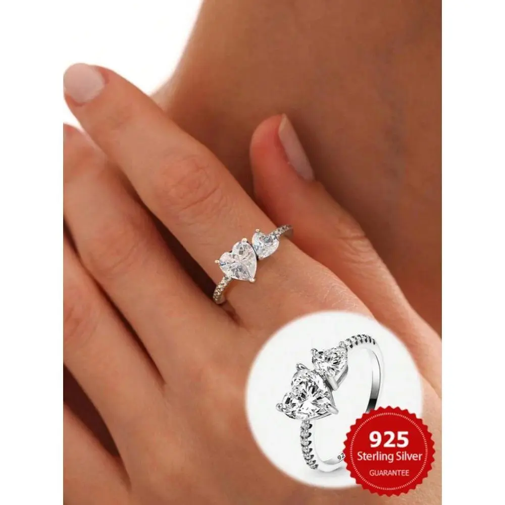 Women's 925 Sterling Silver Double Hearts Ring with Zircon Accents, Women's Fashion Fine Jewelry for Engagement, High-Quality Luxury Accessory