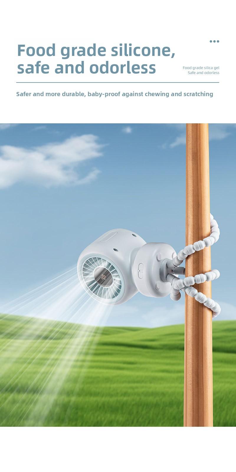 New baby stroller fan with oscillating head, octopus clamp for baby stroller, portable desktop rechargeable mini clip fan