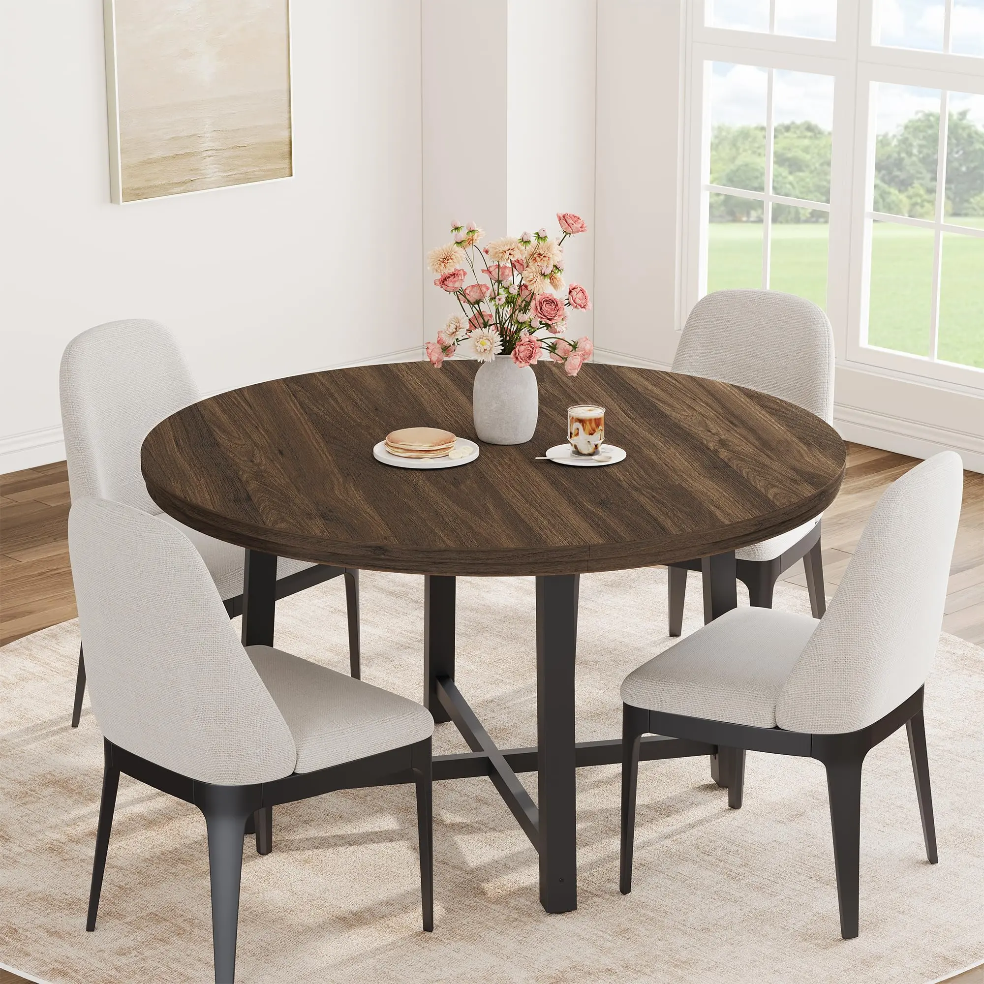 GAOMON Space-Saving 47" Round Industrial Dining Table for 4-6 – Rustic Brown Wooden Tabletop, Sturdy Metal Frame – Modern Farmhouse Style, Dining Room or Kitchen