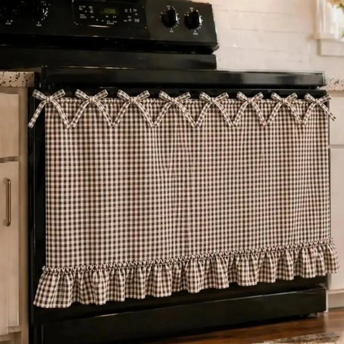 Farmhouse Gingham Plaid Oven Skirt Cover with Ruffled Bow Ties and Lace Trim - Double-Sided Cottagecore Kitchen Decor Accessory