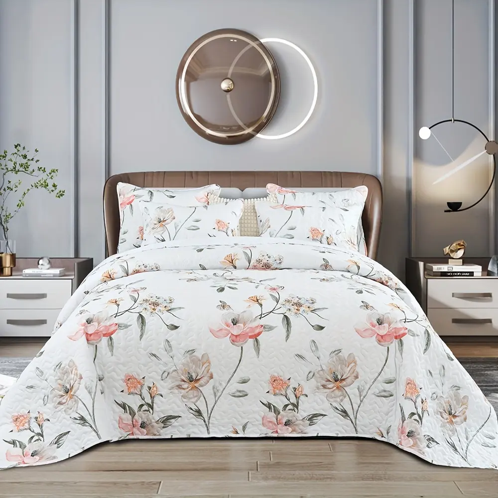 2/3 Pcs Quilt Set, Queen King Full Twin Size, Spring Summer Lightweight Reversible Printed Floral Bedspread Comforter, White Pink Green All Season Coverlet Bedding with Pillow Shams