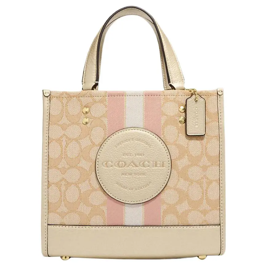 Coach Dempsey 22 Classic Monogram Tote Bag for Women, Jacquard and Calfskin, Top-Handle and Crossbody Style, Light Khaki