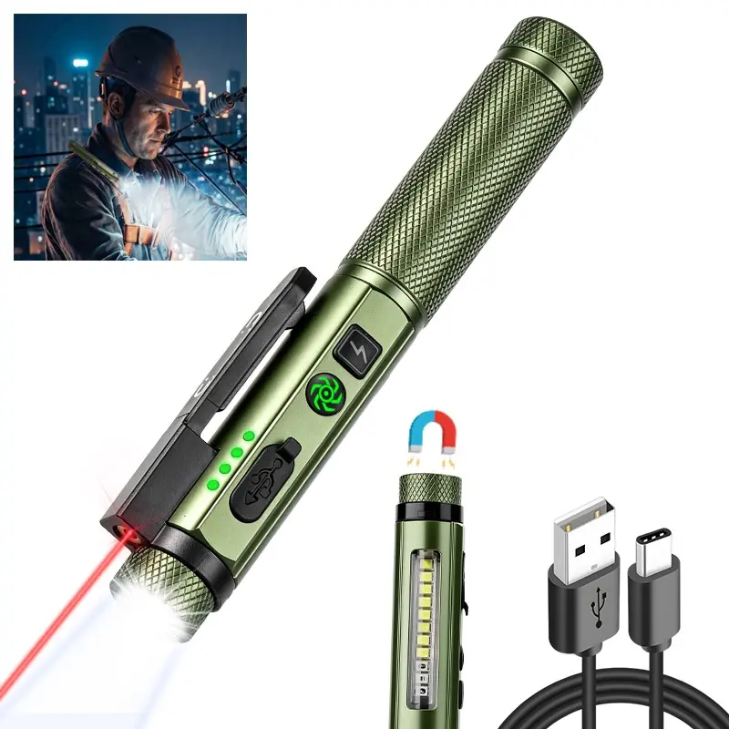 1PC EDC Flashlight Rechargeable, Small Flashlight with Magnetic Clip & Base, 11 Modes LED Flashlight, Laser Pointer, Hands-Free, USB-C Flashlight for Working,Home and Emergency
